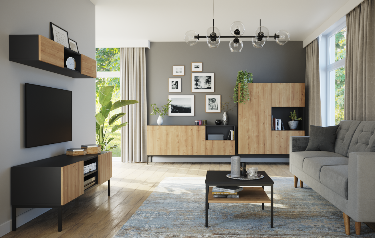 Komplet mebli Lanzzi czarny mat/Dąb Artisan w przestronnym salonie: niska szafka RTV pod telewizorem, wisząca półka i wysoka komoda, na tle drewnianej podłogi.