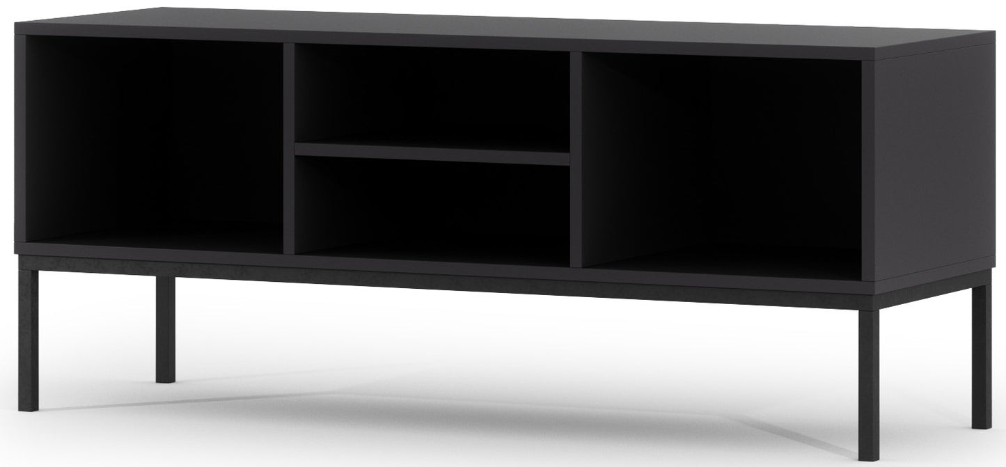 Szafka RTV Lanzzi czarny mat/Dąb Artisan bez frontów, z trzema przegrodami i środkową półką, osadzona na stalowej podstawie o czarnym wykończeniu.