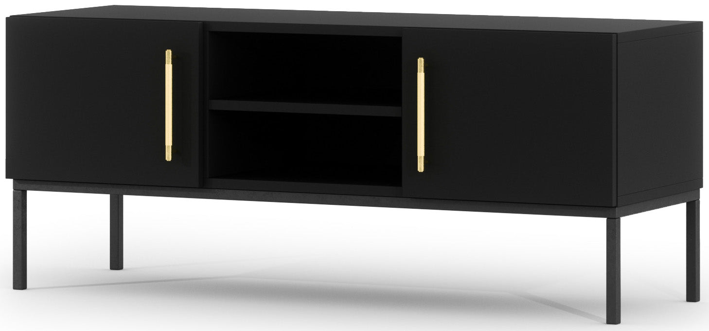 Minimalistyczna szafka RTV Lanzzi w czarnym macie, osadzona na smukłych metalowych nogach, z dwiema drzwiczkami i podłużnymi złotymi uchwytami.