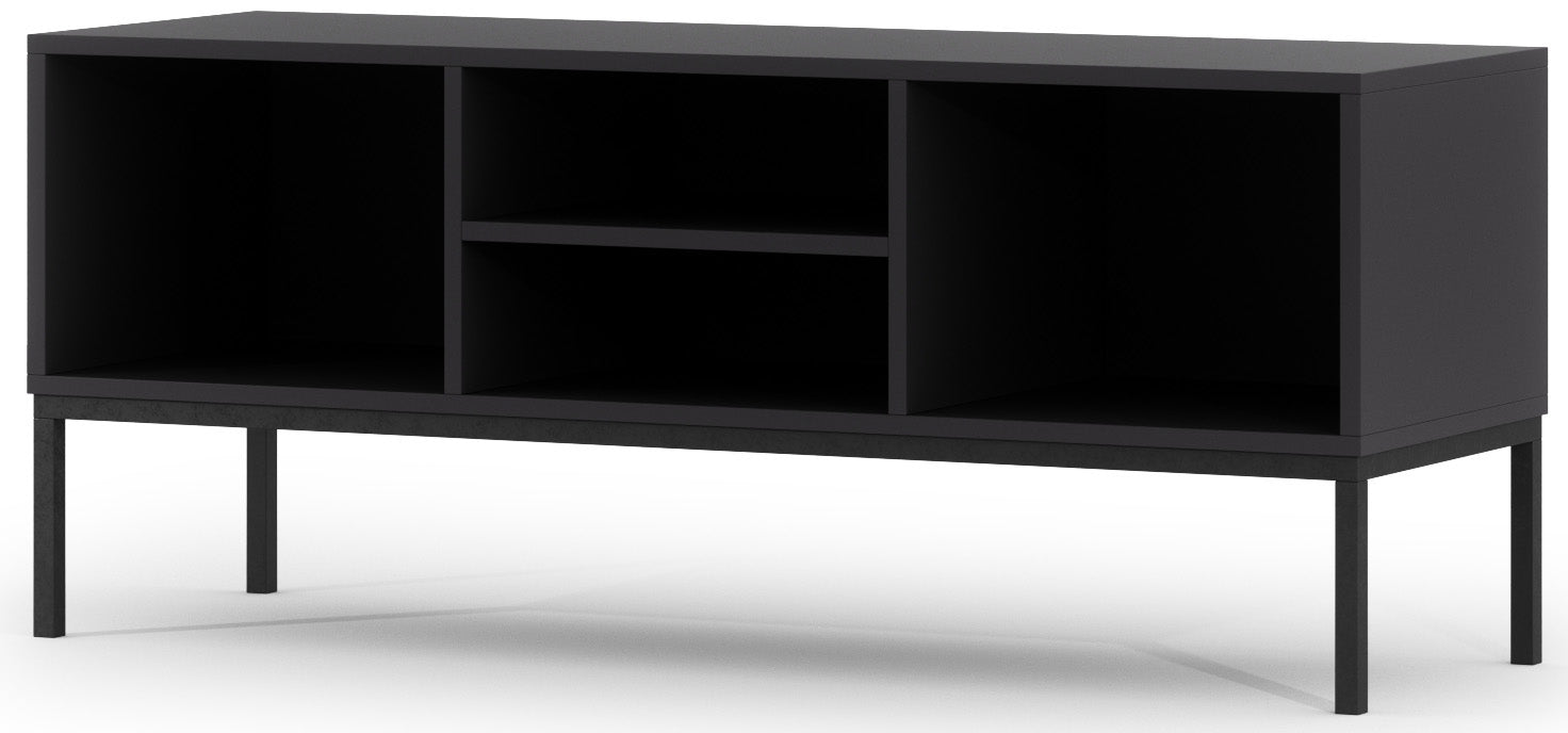 Otwarta szafka RTV Lanzzi w czarnym macie z trzema przegrodami na wąskiej stalowej podstawie, przeznaczona na sprzęt i akcesoria.