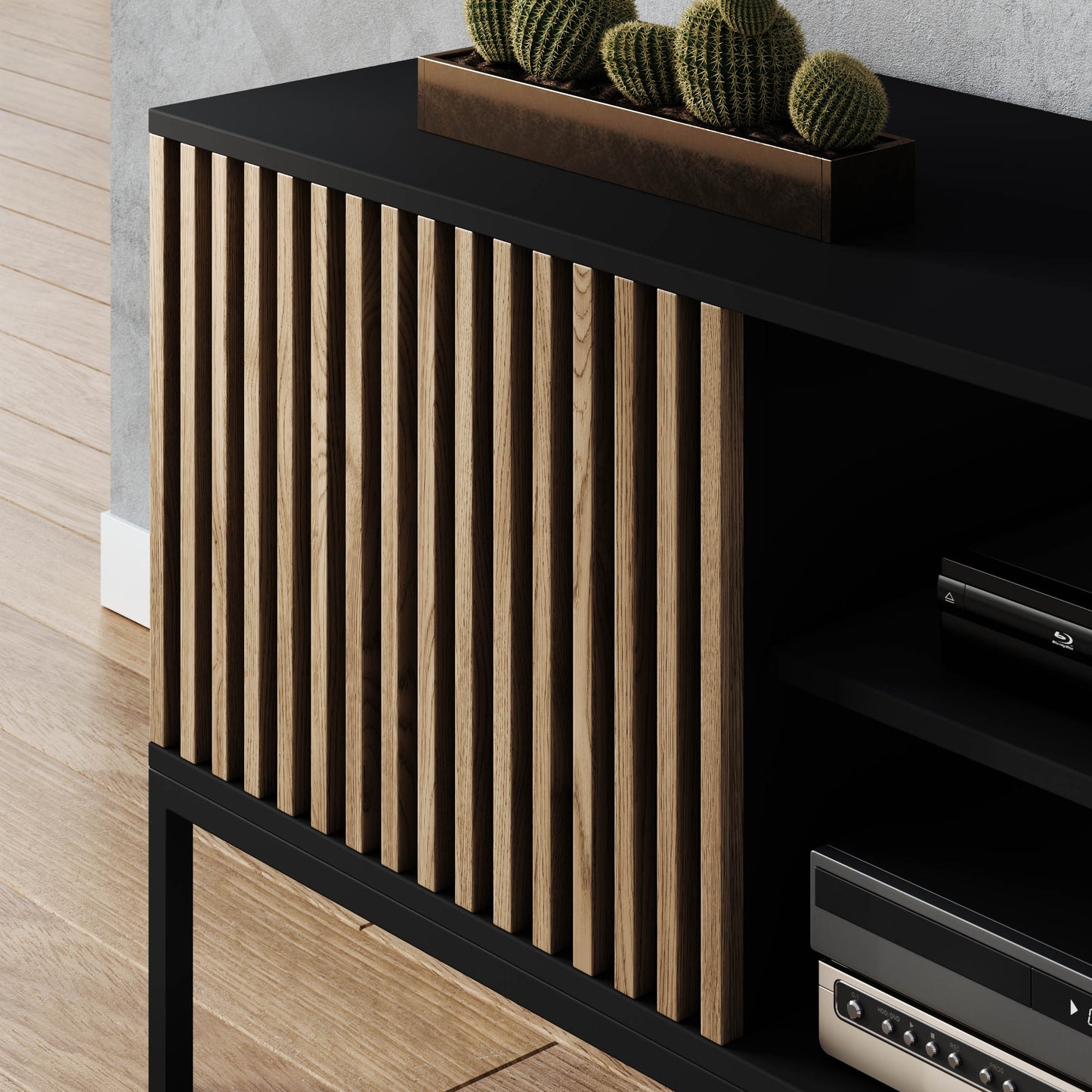 Detal lameli dąb artisan na froncie szafki RTV Meorati.