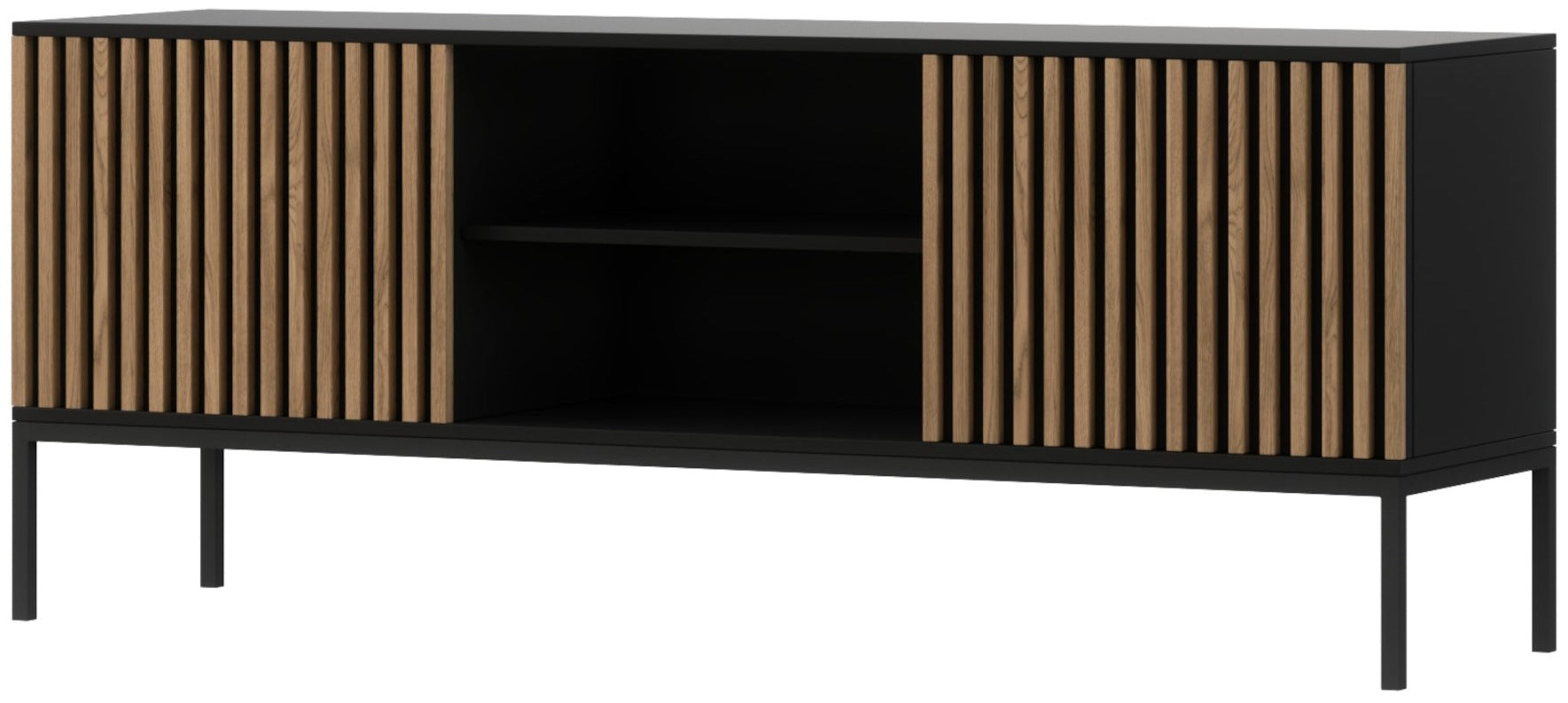 Szafka RTV Meorati, front lamelowy dąb artisan, czarny korpus – packshot.