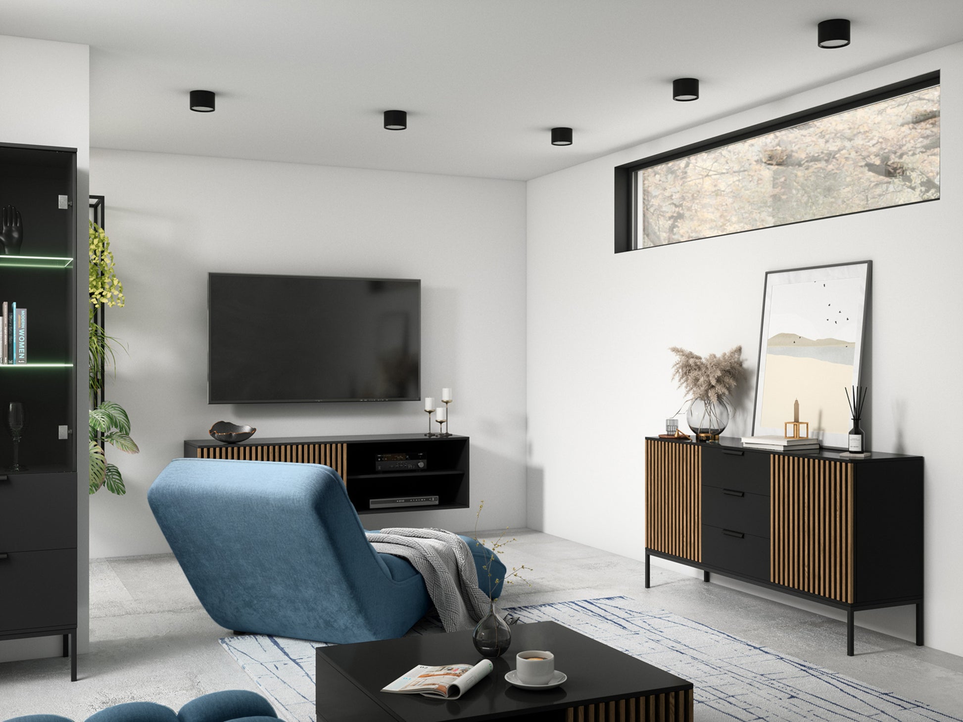 Szafka RTV Meorati w salonie, widok z perspektywy kanapy.