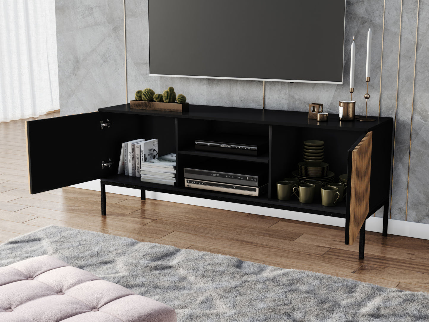 Otwarta szafka RTV Meorati z półkami i wnękami wewnątrz.