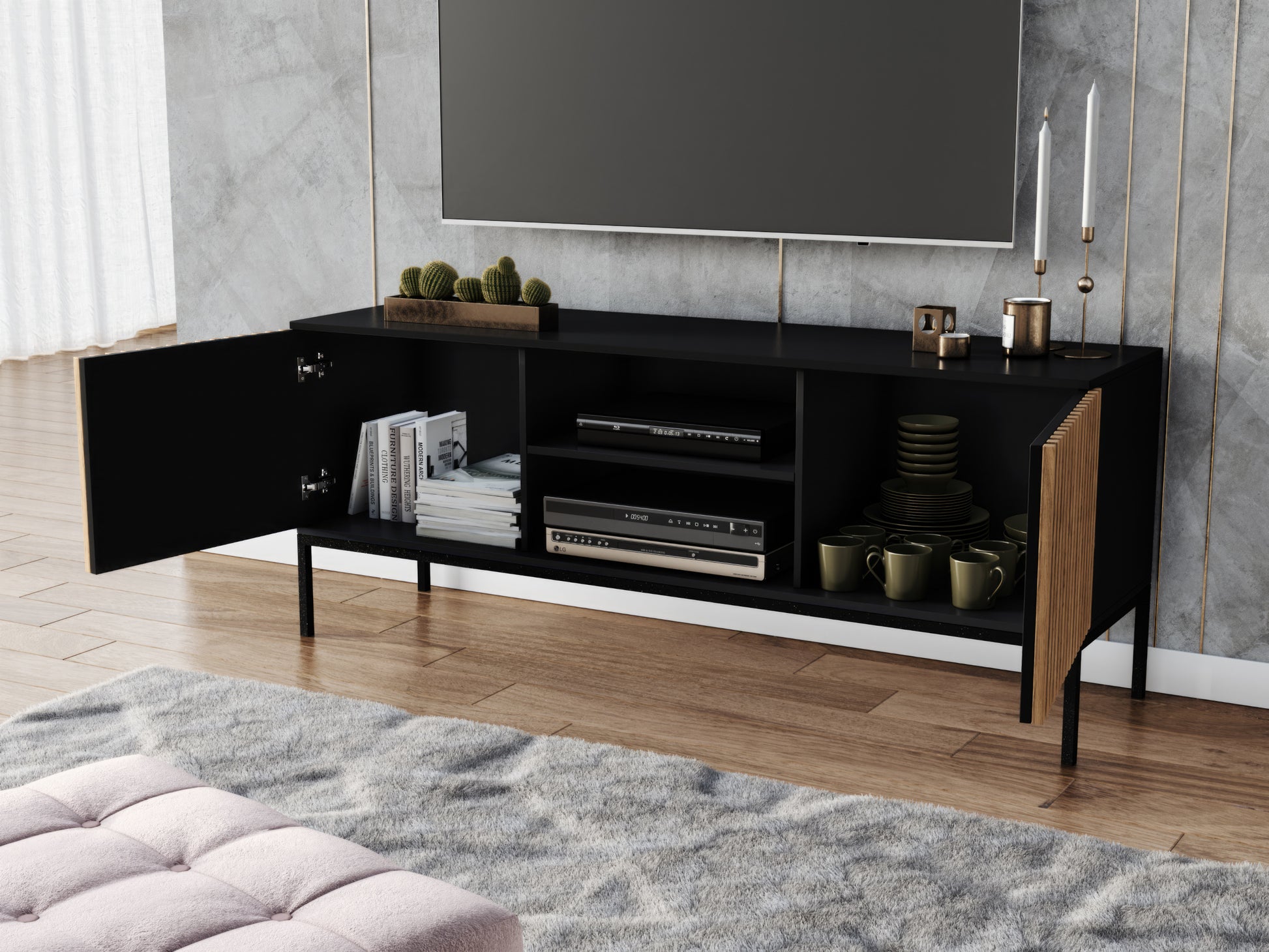 Otwarta szafka RTV Meorati z półkami i wnękami wewnątrz.