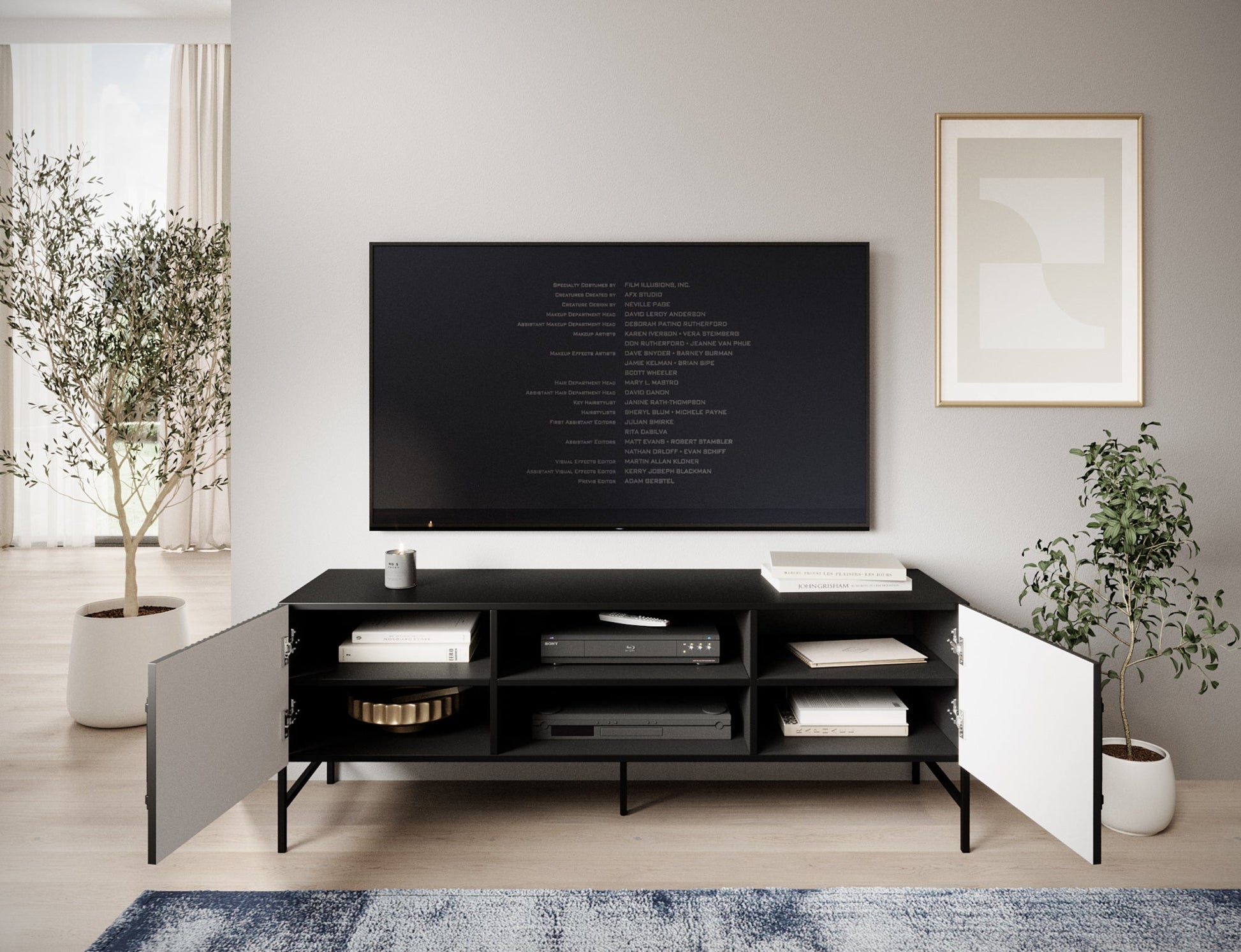 Szafka RTV Raftt z otwartymi schowkami, nowoczesny design, metalowe nóżki, eleganckie uchwyty.