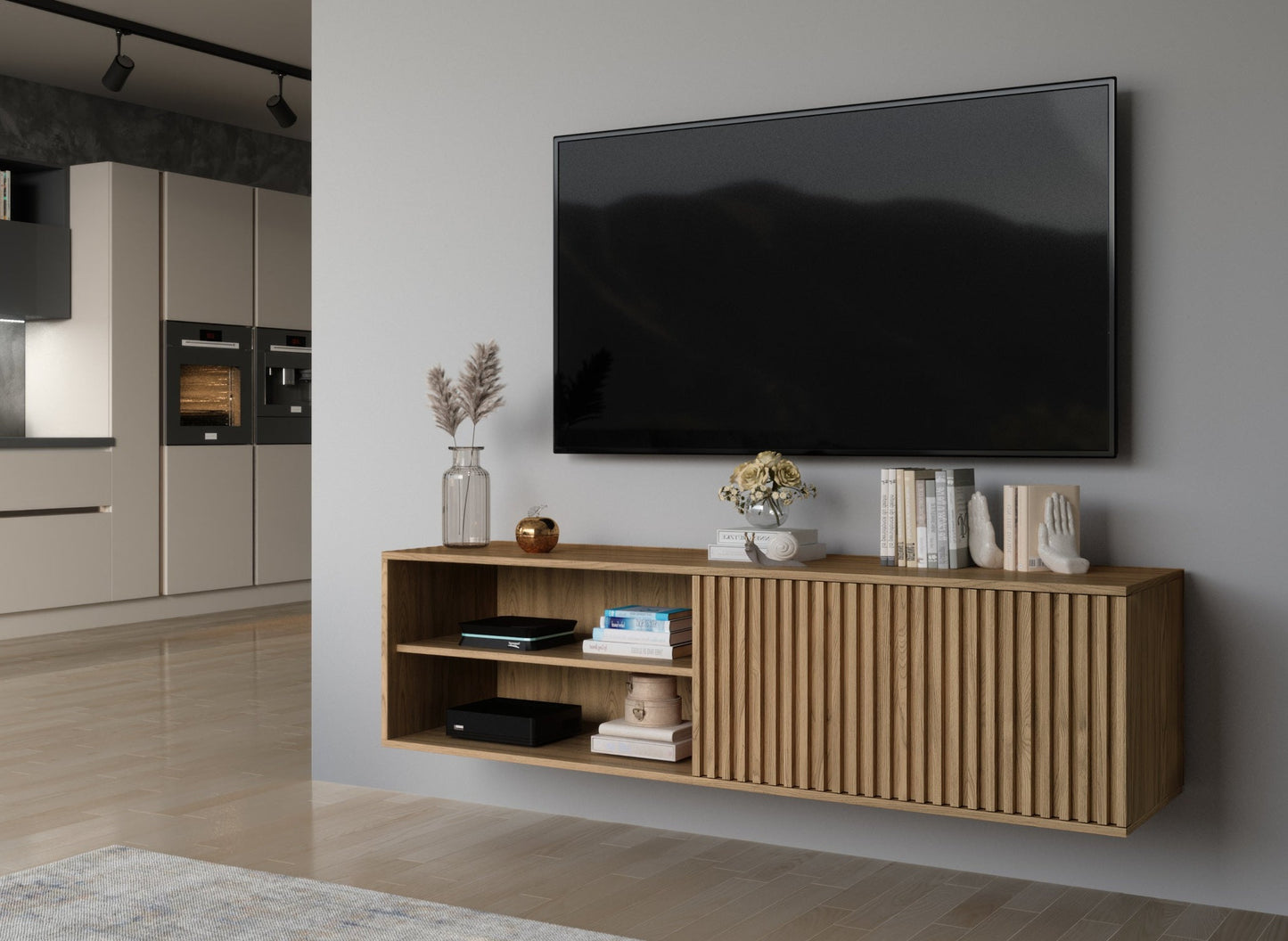 Szafka RTV wisząca Entsian pod telewizorem – aranżacja frontowa.