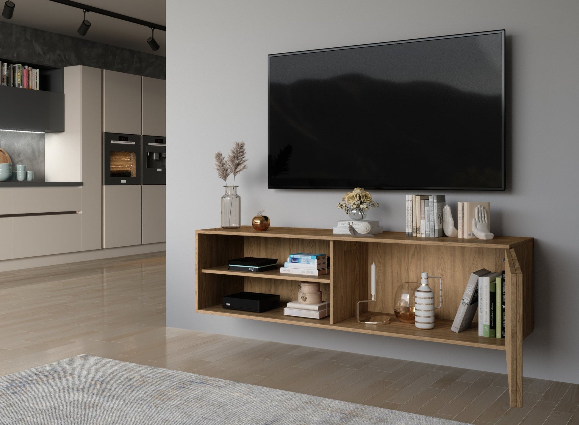 Wisząca szafka RTV Entsian na ścianie TV – szeroki kadr.