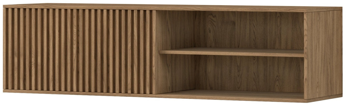 Wisząca szafka RTV Entsian – front z lamelami i otwartą wnęką.