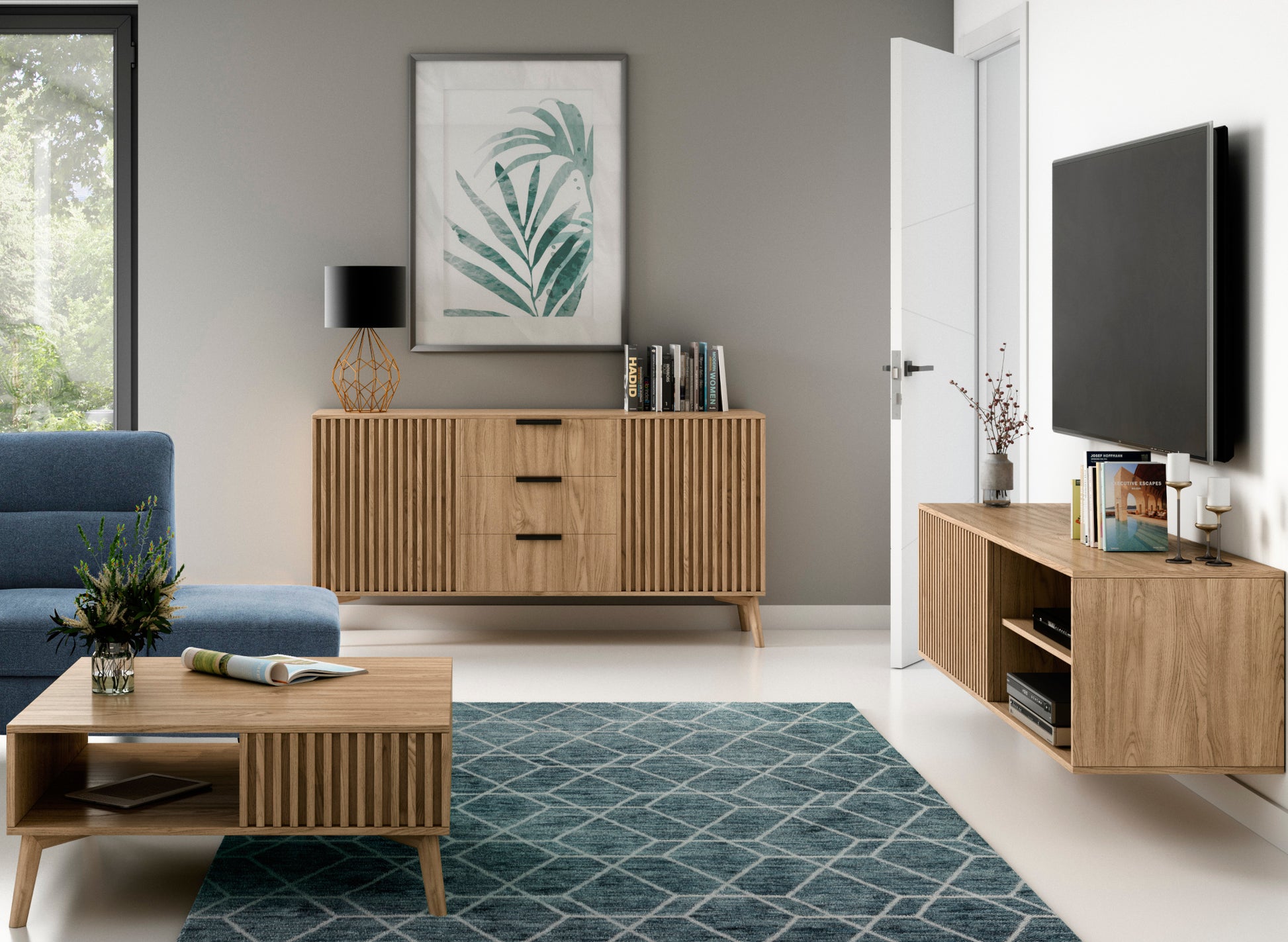 Detal lameli i krawędzi ABS wiszącej szafki RTV Entsian.