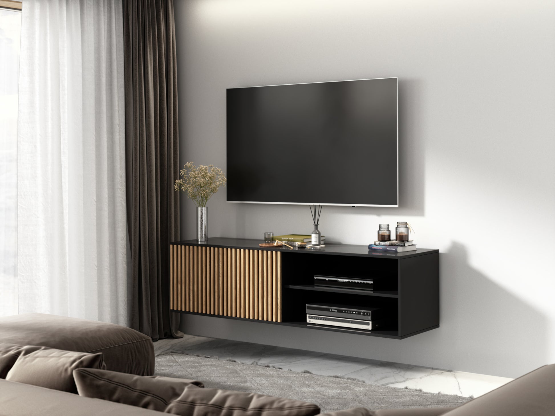 Wisząca szafka RTV Meorati pod telewizorem; 2 półki i zamykany schowek, lamele.