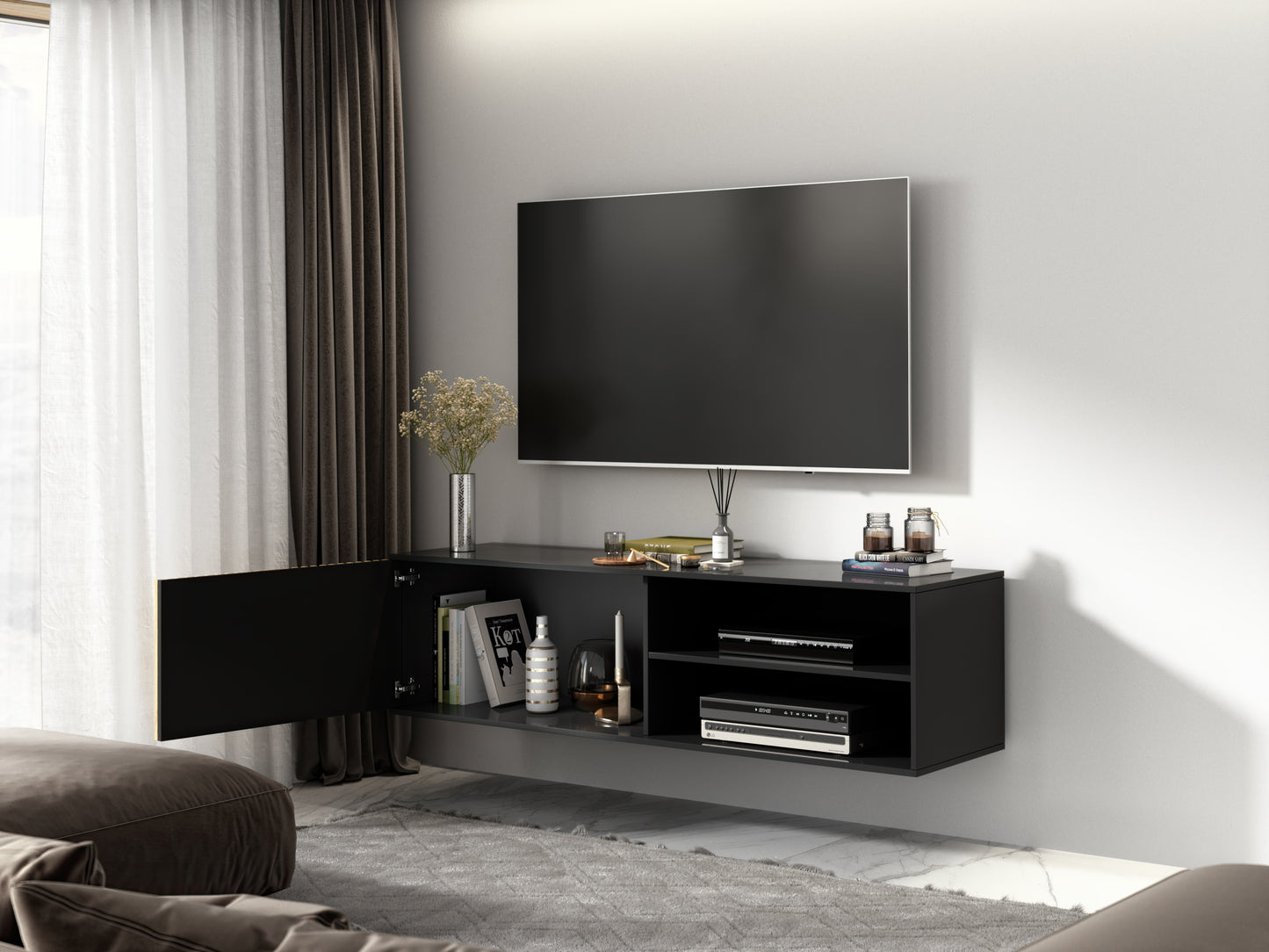 Szafka RTV Meorati wisząca, półprofil z telewizorem; 2 półki i schowek.