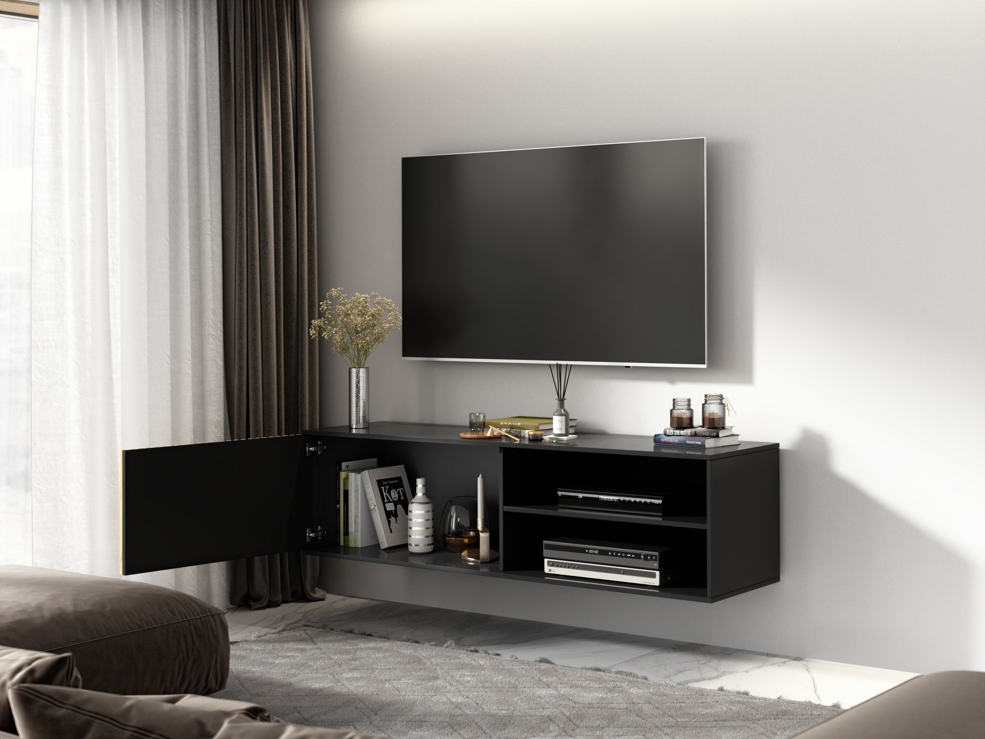 Szafka RTV Meorati wisząca, półprofil z telewizorem; 2 półki i schowek.