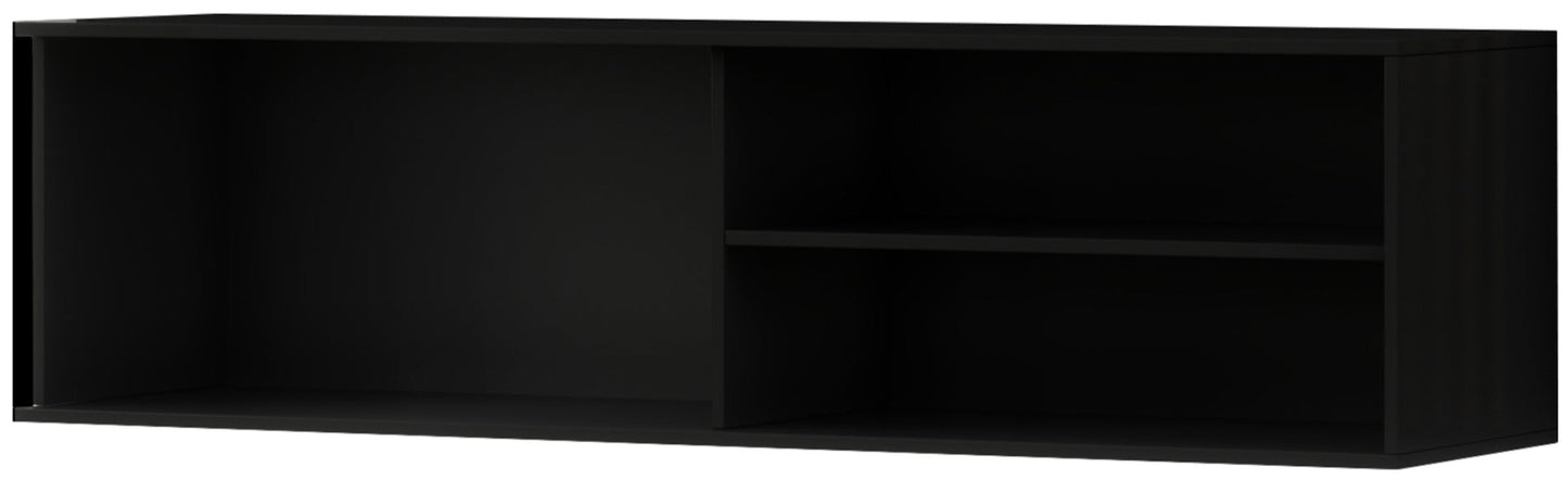 Wisząca szafka RTV Meorati w czerni, gładki front; półki i schowek.