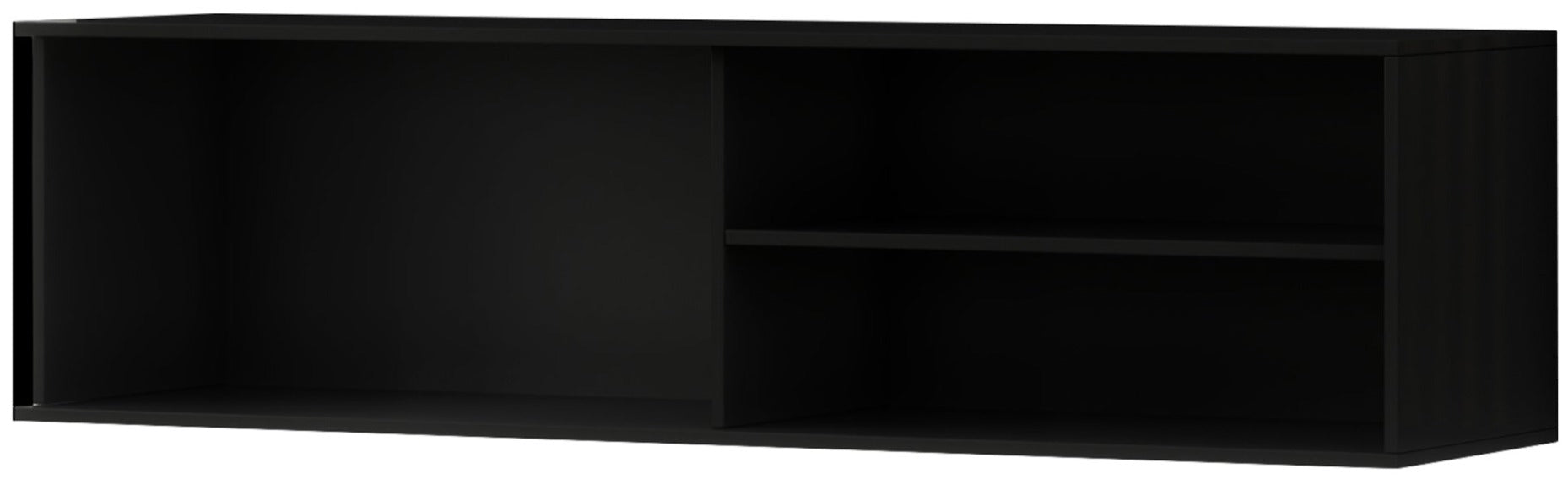 Wisząca szafka RTV Meorati w czerni, gładki front; półki i schowek.