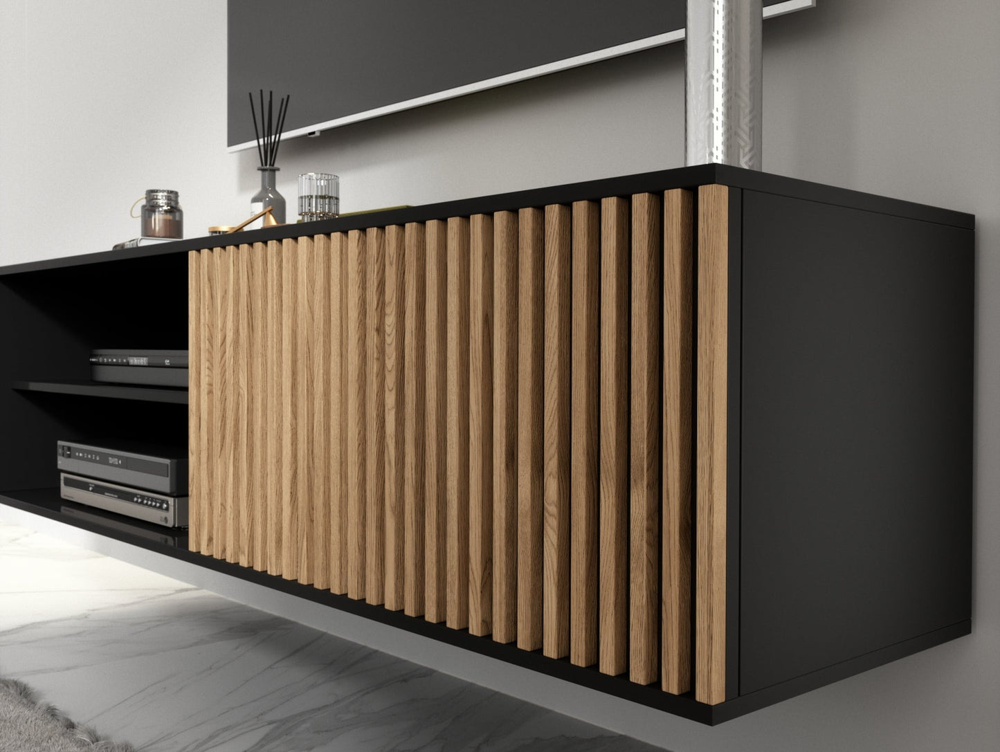 Detal lameli dąb artisan i czarnego korpusu wiszącej szafki RTV Meorati.