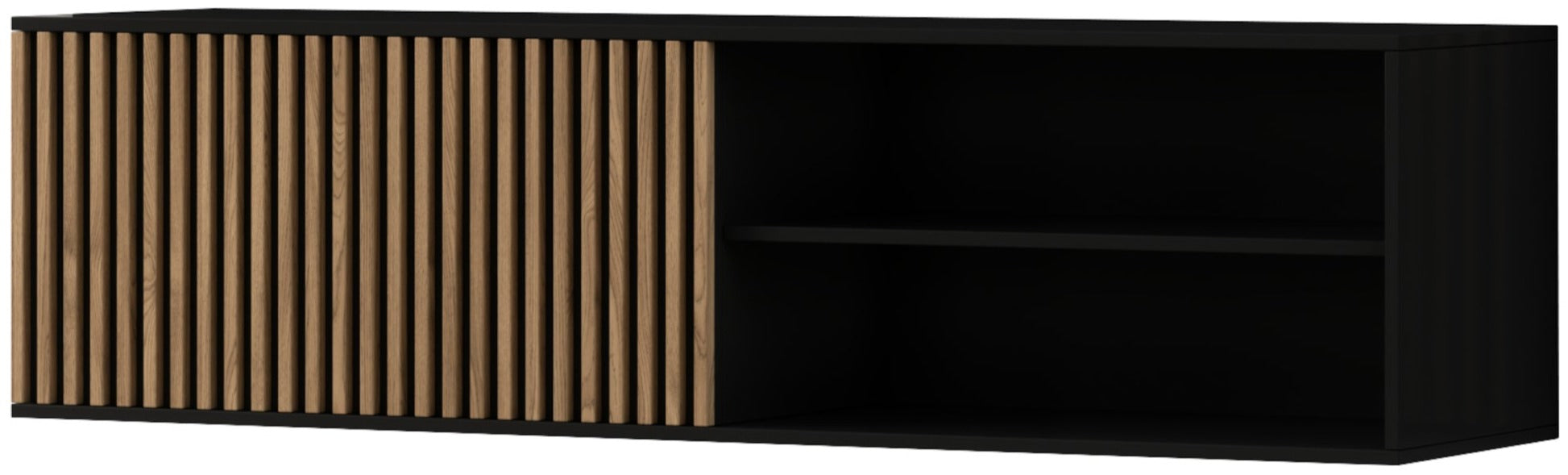 Wisząca szafka RTV Meorati, front z lamelami dąb artisan, czarny korpus; 2 półki i schowek.