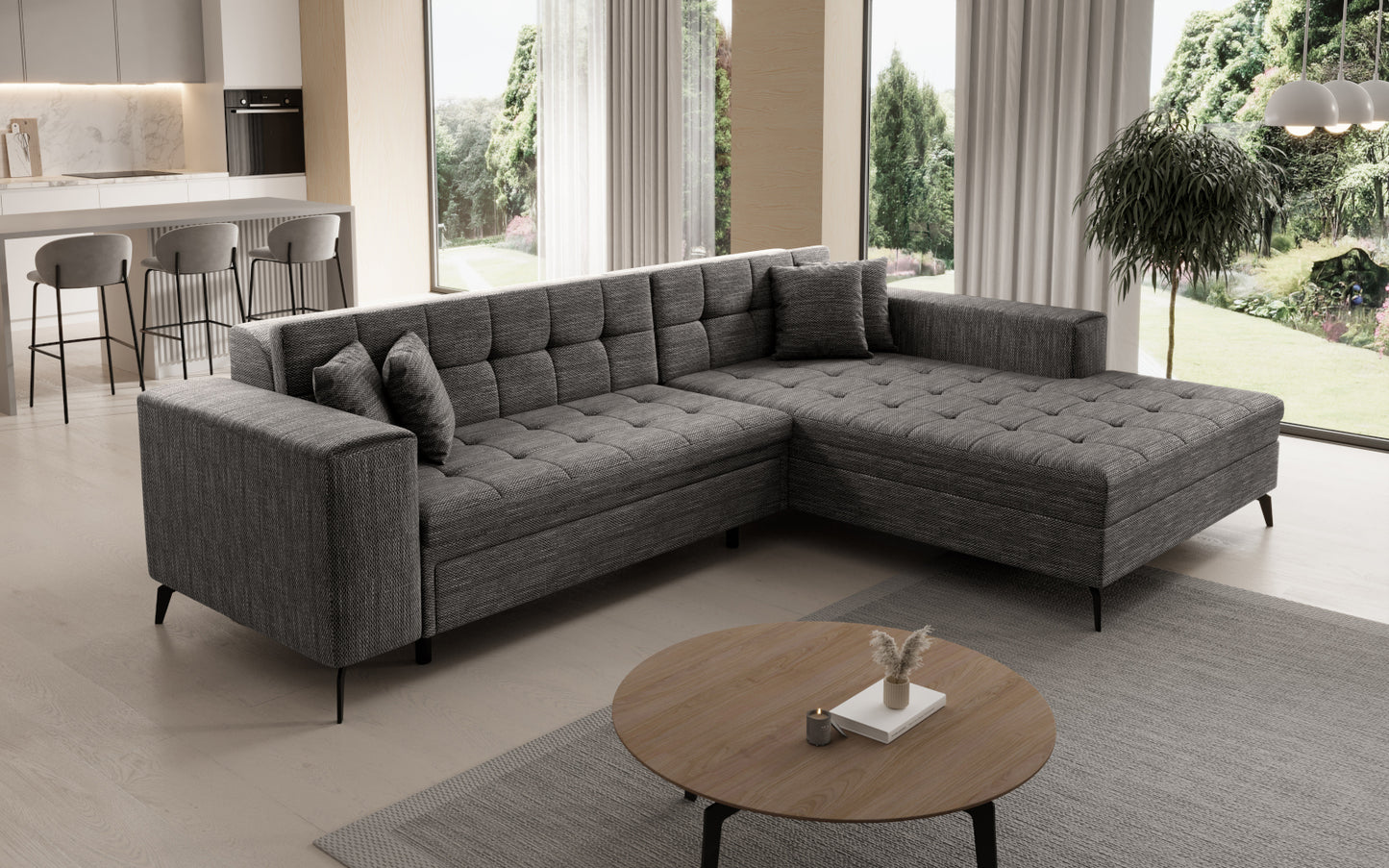 Narożnik Solange prawostronny w kolorze szarym Berlin 01 to stylowy mebel wypoczynkowy do salonu, który oferuje wygodne siedziska i elegancki design dopasowany do różnych aranżacji.