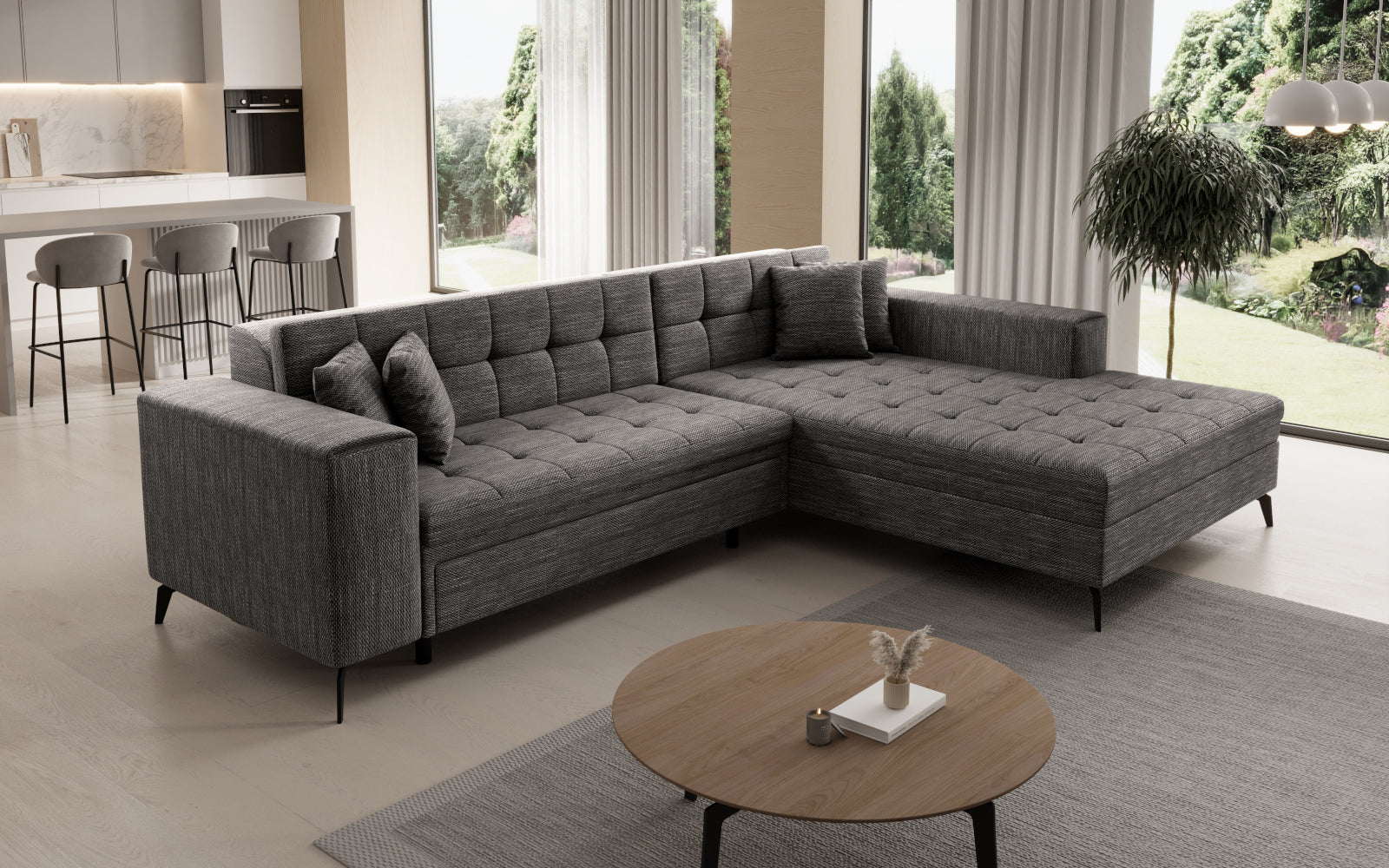 Narożnik Solange prawostronny w kolorze szarym Berlin 01 to stylowy mebel wypoczynkowy do salonu, który oferuje wygodne siedziska i elegancki design dopasowany do różnych aranżacji.