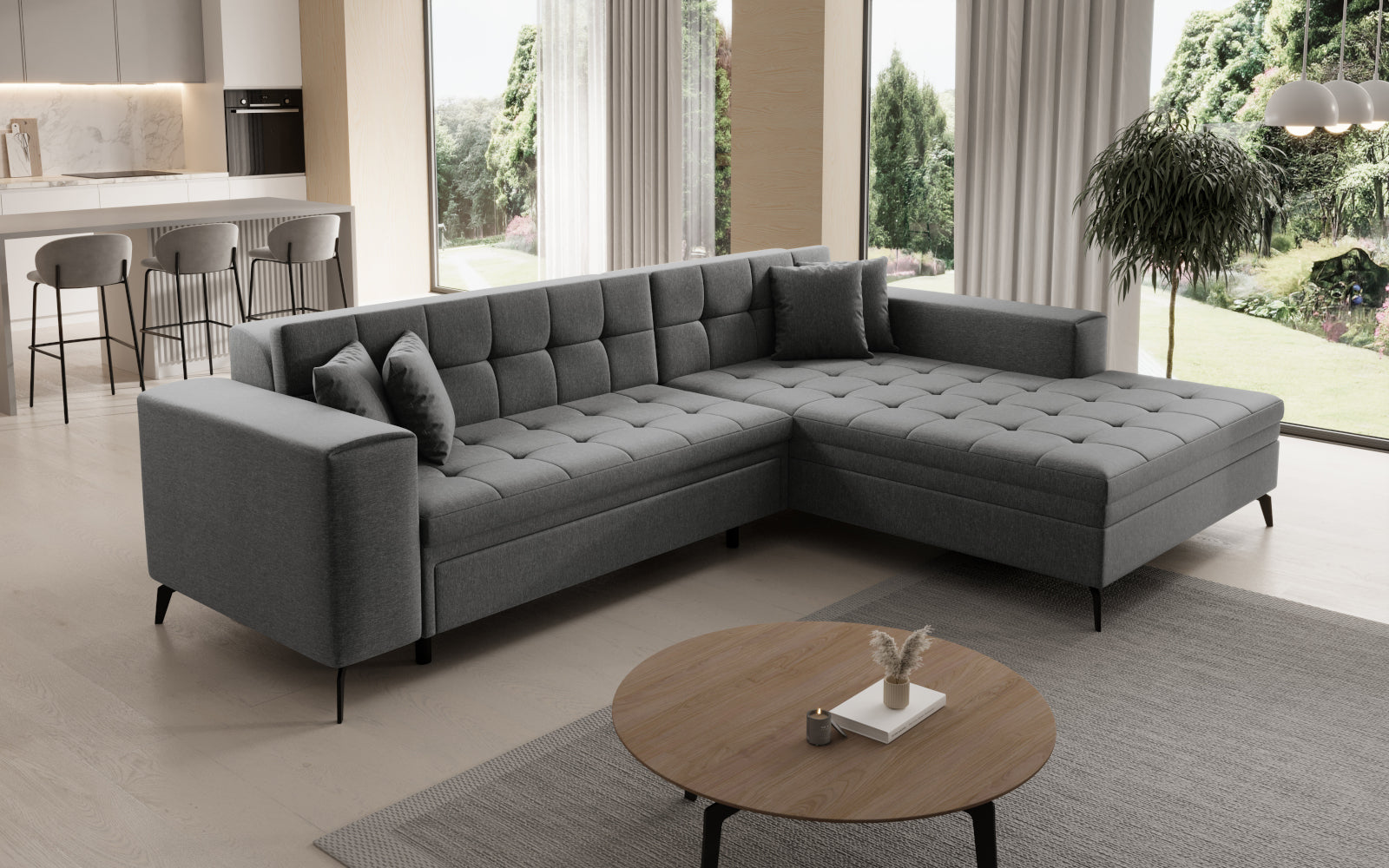 Narożnik Solange prawostronny w kolorze szarym Sawana 21 to stylowy mebel wypoczynkowy do salonu, który oferuje wygodne siedziska i elegancki design dopasowany do różnych aranżacji.