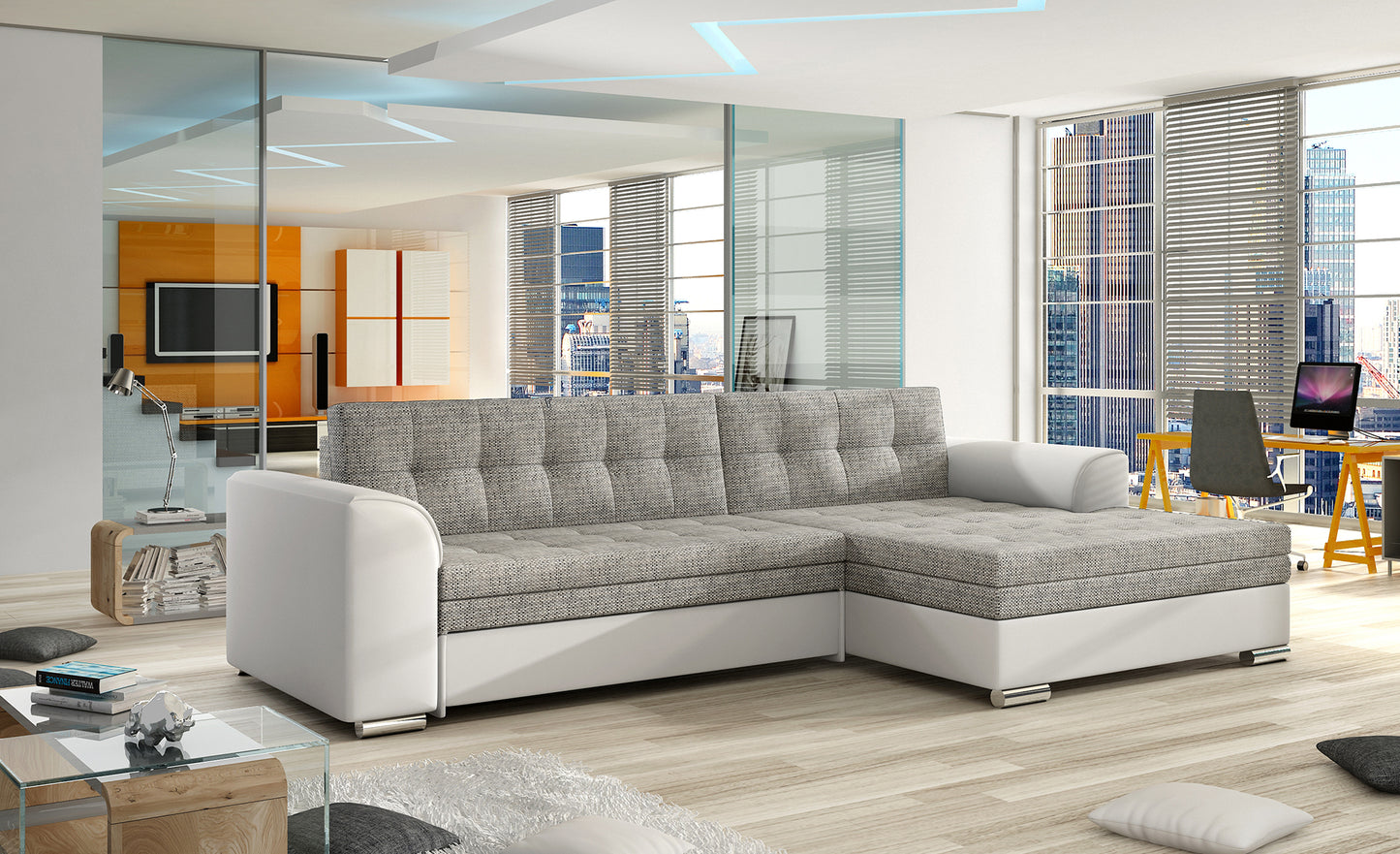 Szaro-biały narożnik Conforti prawy wykonany z tkanin Berlin 01 i Soft 17 prezentuje minimalistyczną bryłę oraz wygodne szerokie siedziska. Stylowy narożnik do nowoczesnego salonu podkreśla elegancki charakter wnętrza i zapewnia wysoki komfort wypoczynku.