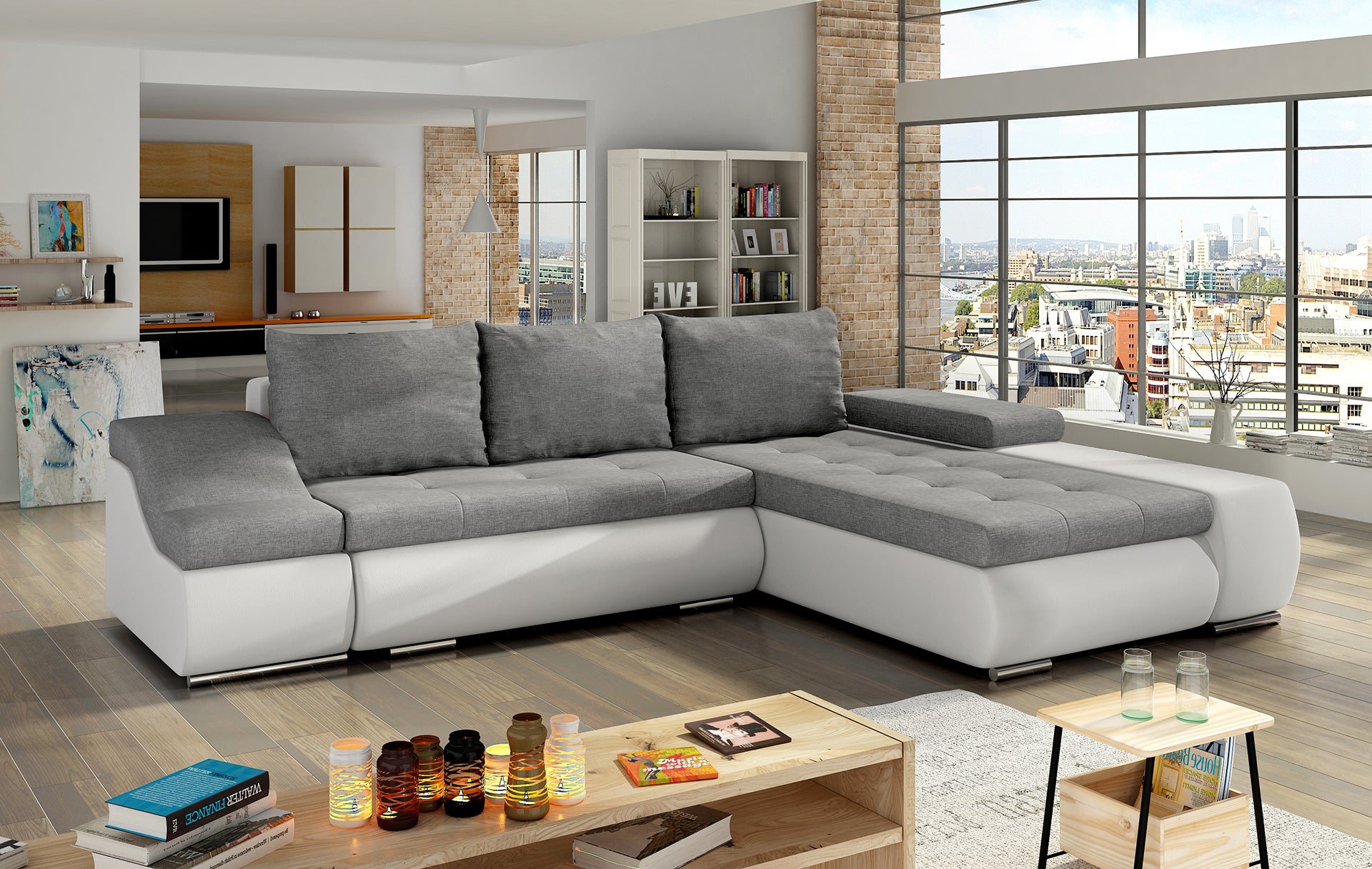 Szaro-biała sofa narożna Ontario wykonana z materiałów Sawana 21 i Soft 17 to praktyczny wybór do salonu, który łączy komfort użytkowania z estetycznym wyglądem dopasowanym do nowoczesnych aranżacji wnętrz