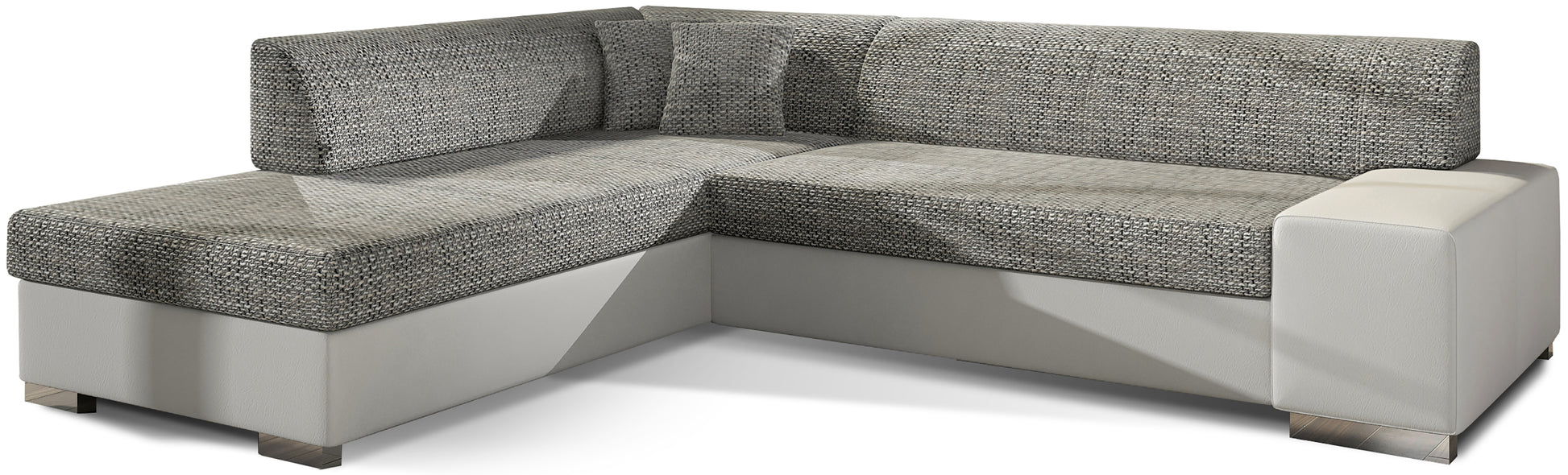 Jasna sofa narożna Porto w połączeniu szarej tkaniny Berlin 01 i białej Soft 17 tworzy lekką, nowoczesną kompozycję, która rozświetla salon i zapewnia komfortowe miejsce do codziennego wypoczynku