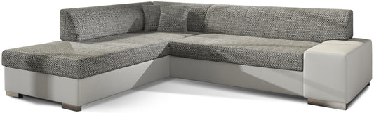 Jasna sofa narożna Porto w połączeniu szarej tkaniny Berlin 01 i białej Soft 17 tworzy lekką, nowoczesną kompozycję, która rozświetla salon i zapewnia komfortowe miejsce do codziennego wypoczynku