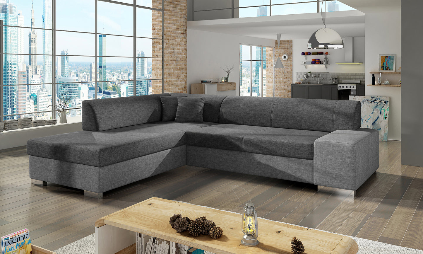 Szaro-ciemnoszara sofa narożna Porto wykonana z materiałów Sawana 05 i Sawana 21 to praktyczny wybór do nowoczesnych wnętrz, zapewniający komfort użytkowania oraz estetyczny wygląd dopasowany do różnych aranżacji