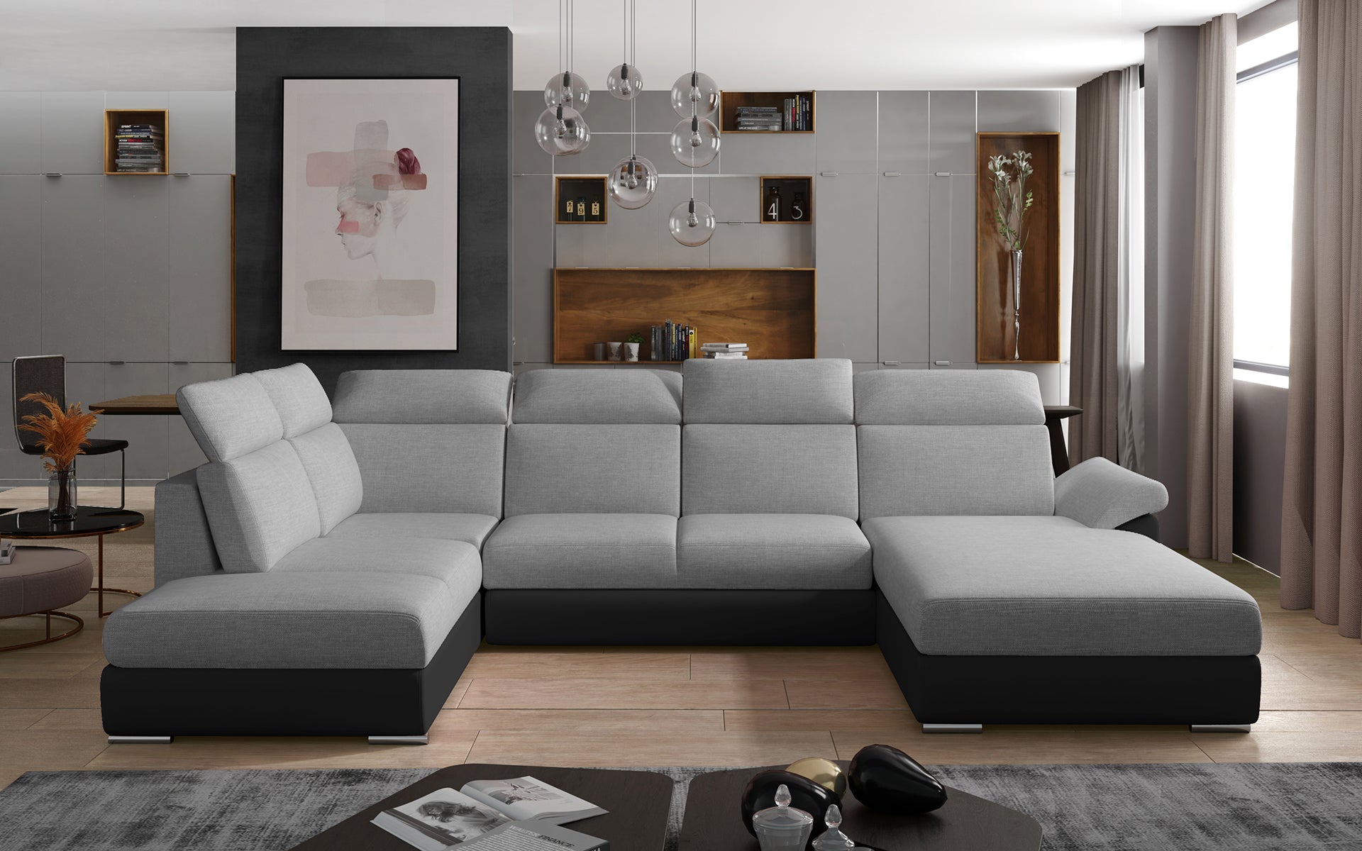 Szaro-czarna sofa narożna Evanell wykonana z materiałów Sawana 21 i Soft 11 to praktyczny wybór do salonu, oferujący wygodne siedziska, funkcjonalny szezlong i stylowy wygląd dopasowany do codziennego wypoczynku