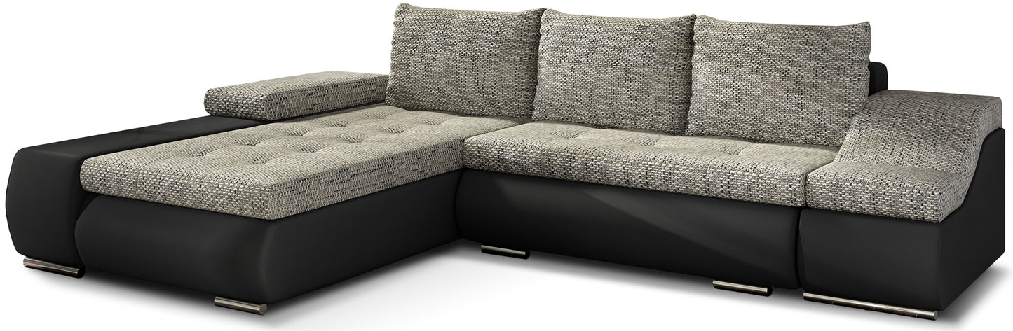 Szaro-czarna sofa narożna Ontario wykonana z materiałów Berlin 01 i Soft 11 doskonale sprawdzi się w nowoczesnych wnętrzach, zapewniając komfort użytkowania oraz stylowy wygląd podkreślający charakter aranżacji