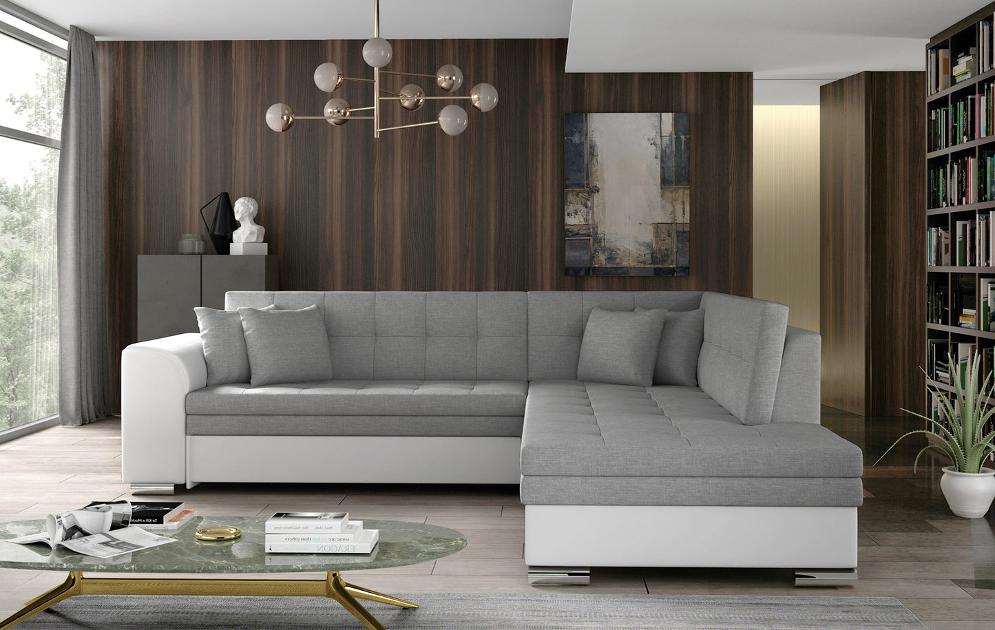 Narożnik prawostronny Pieretta w połączeniu szarej tkaniny Sawana 21 i ciemnego Soft 17 to stylowy mebel do salonu, który wyróżnia się nowoczesnym designem i oferuje wygodne miejsce do relaksu.