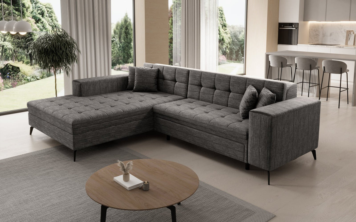 Narożnik lewostronny Solange w kolorze szarym, wykonany z tkaniny Berlin 01, doskonale wpisuje się w aranżacje salonu, oferując wygodne miejsce do relaksu i ponadczasowy, elegancki wygląd wnętrza.