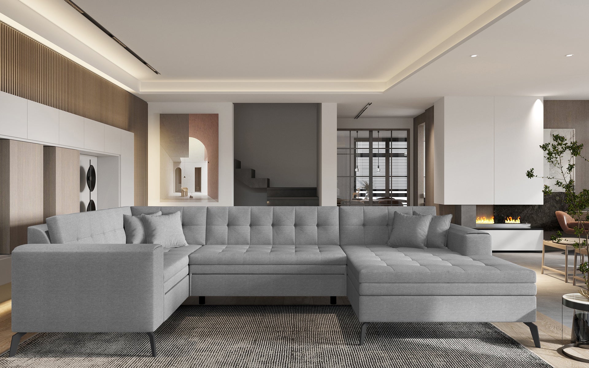 Szara sofa narożna Montez wykonana z materiału Flores 4 doskonale sprawdzi się w różnych aranżacjach wnętrz, oferując funkcjonalność, wygodę oraz uniwersalny design pasujący do nowoczesnych salonów