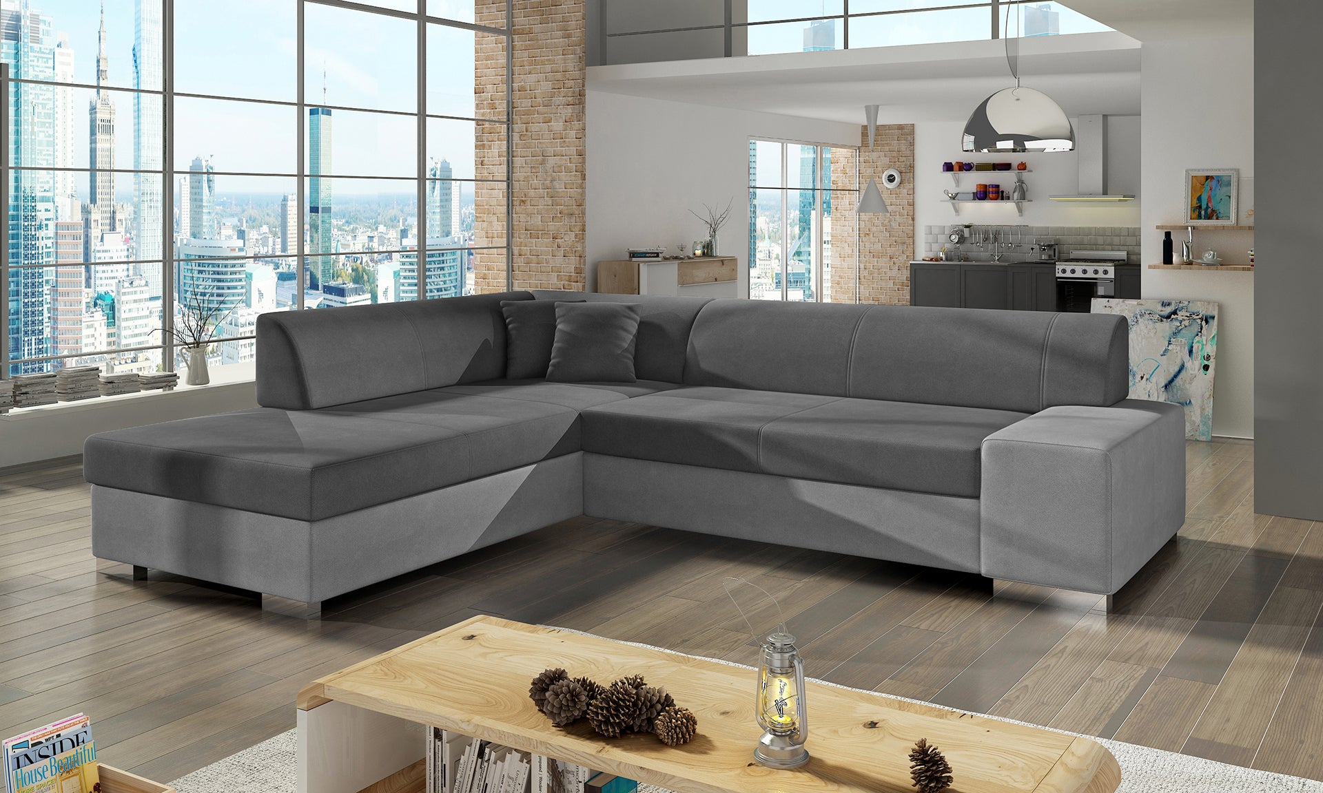 Szara sofa narożna Porto wykonana z materiałów Soro 93 i Soro 83 to praktyczny wybór do salonu, który łączy komfort użytkowania z subtelnym kontrastem kolorystycznym i nowoczesnym wyglądem
