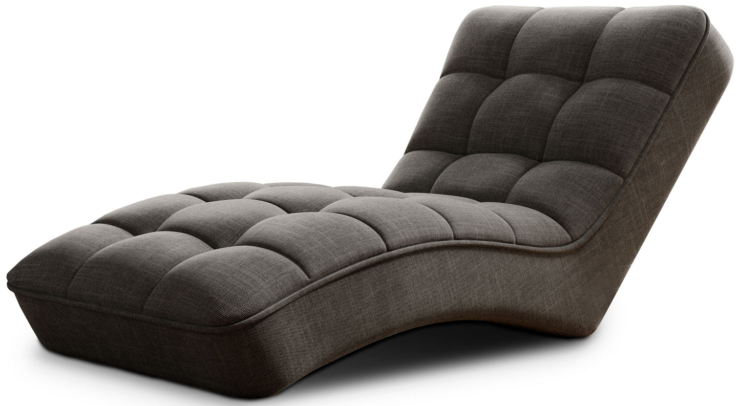 Szezlong Loren w kolorze Flores 04 szary, widok studyjny na białym tle, prezentujący pełną sylwetkę i eleganckie pikowanie mebla.