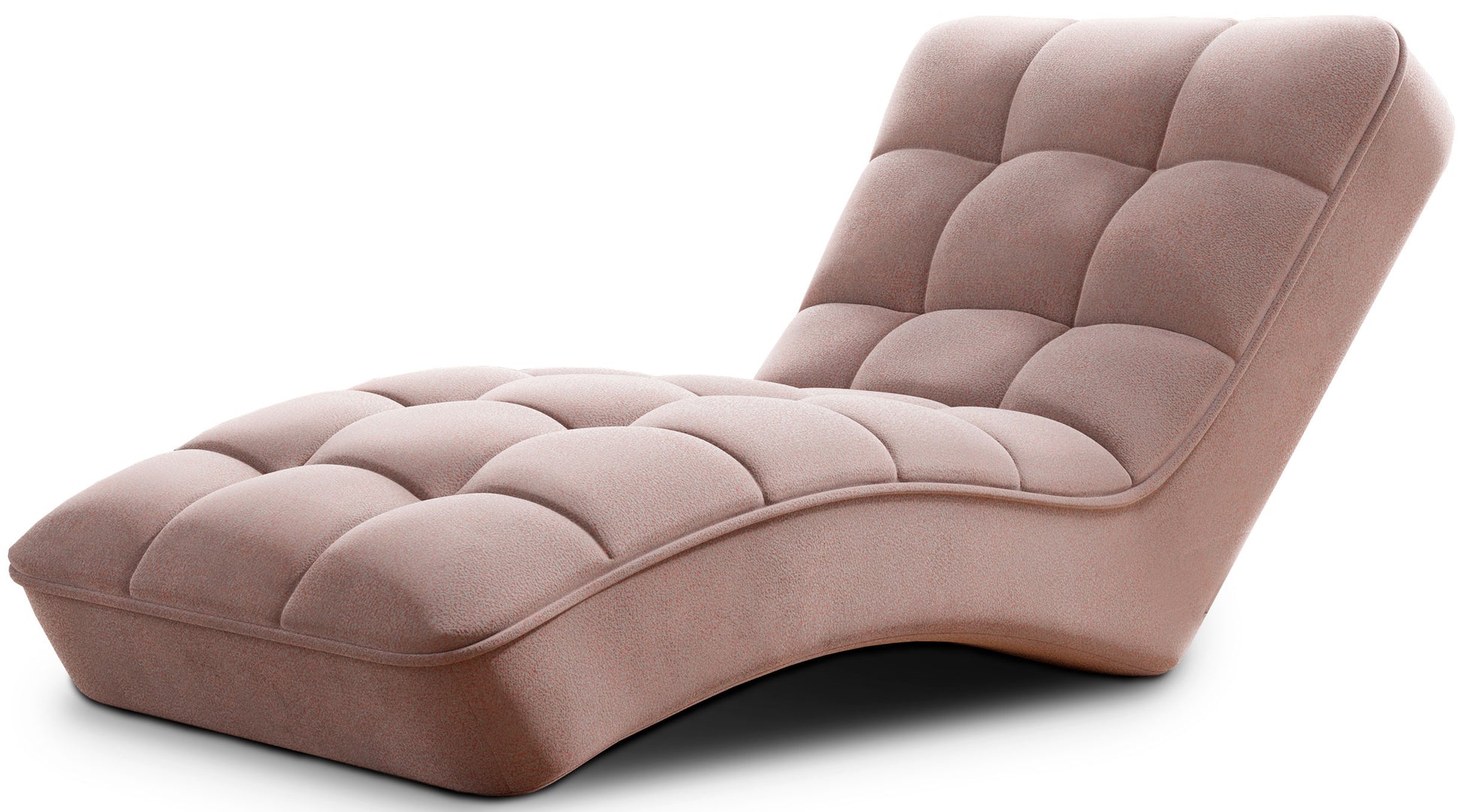 Szezlong Loren w subtelnym jasnoróżowym kolorze z pikowanym wykończeniem i ergonomicznym kształtem, na białym tle.