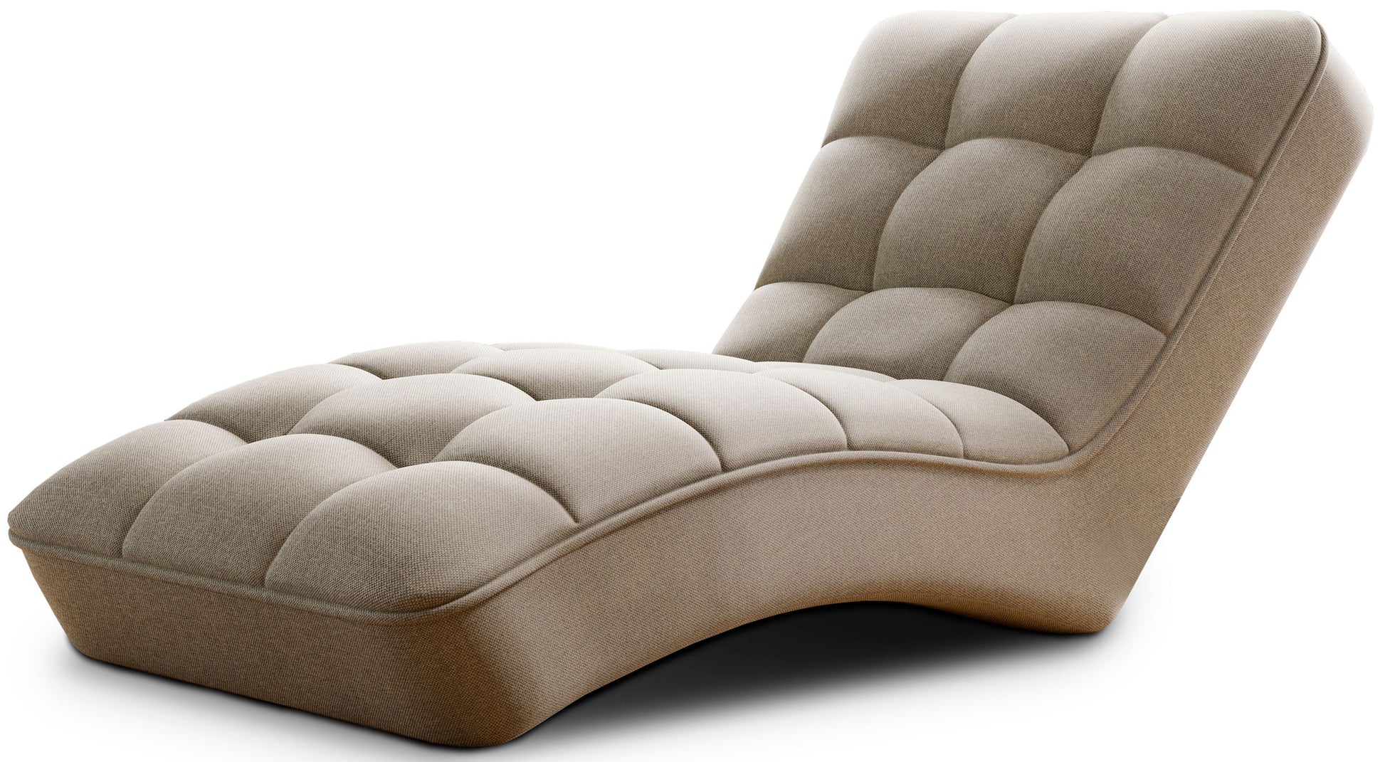 Szezlong Loren w kolorze Inari 22 beżowym na białym tle, o nowoczesnym kształcie z pikowanym siedziskiem i ergonomicznie wyprofilowanym oparciem.