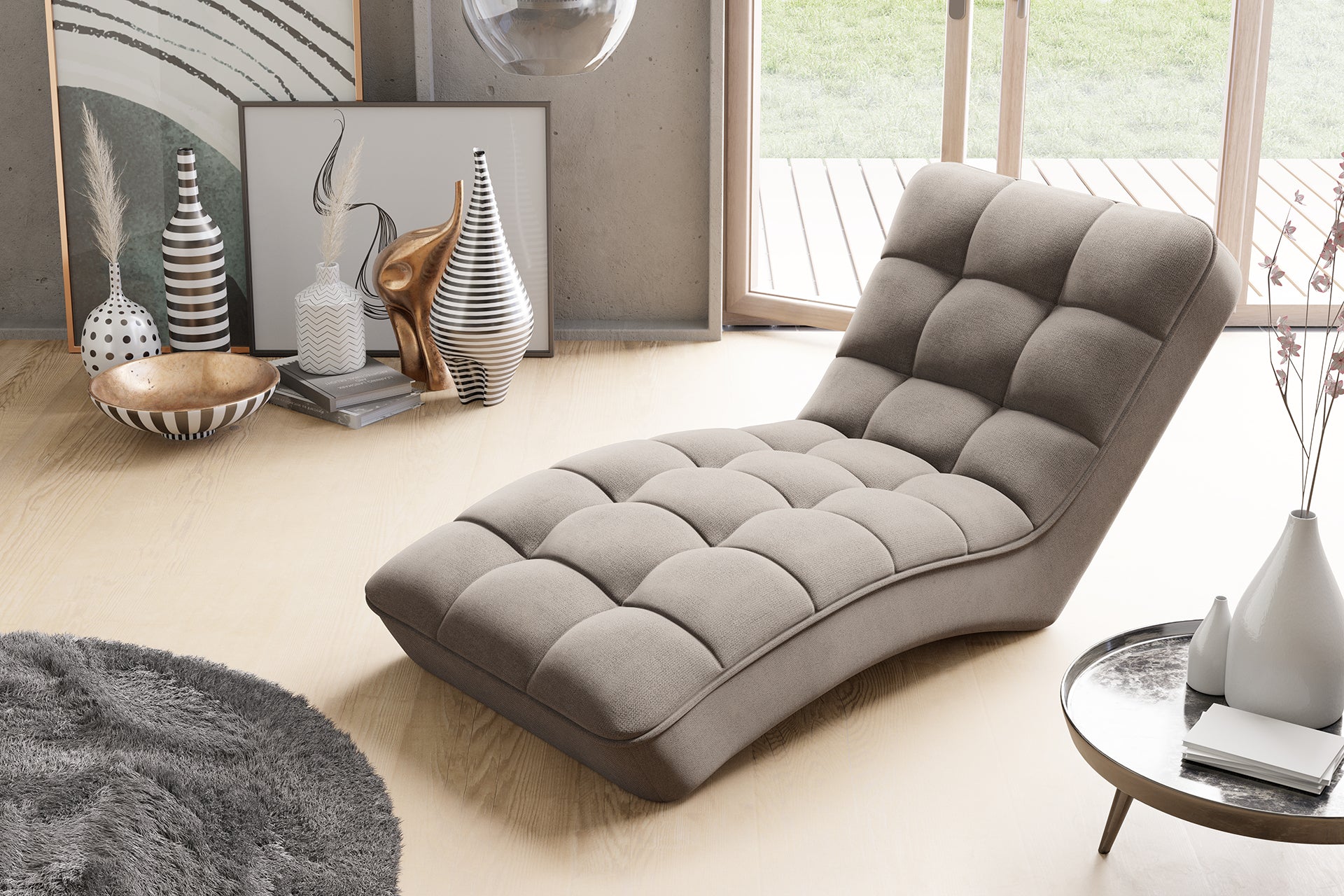 Widok z góry na szezlong Loren Poco 07 beżowy, prezentujący jego opływowy design i przytulne pikowanie.