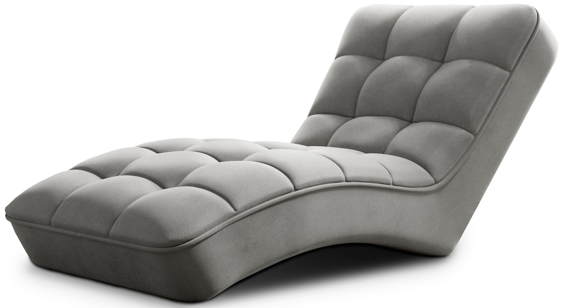 Jasnoszary szezlong Loren w tkaninie Sola 04 na białym tle, z miękkimi pikowaniami i ergonomicznym profilem.