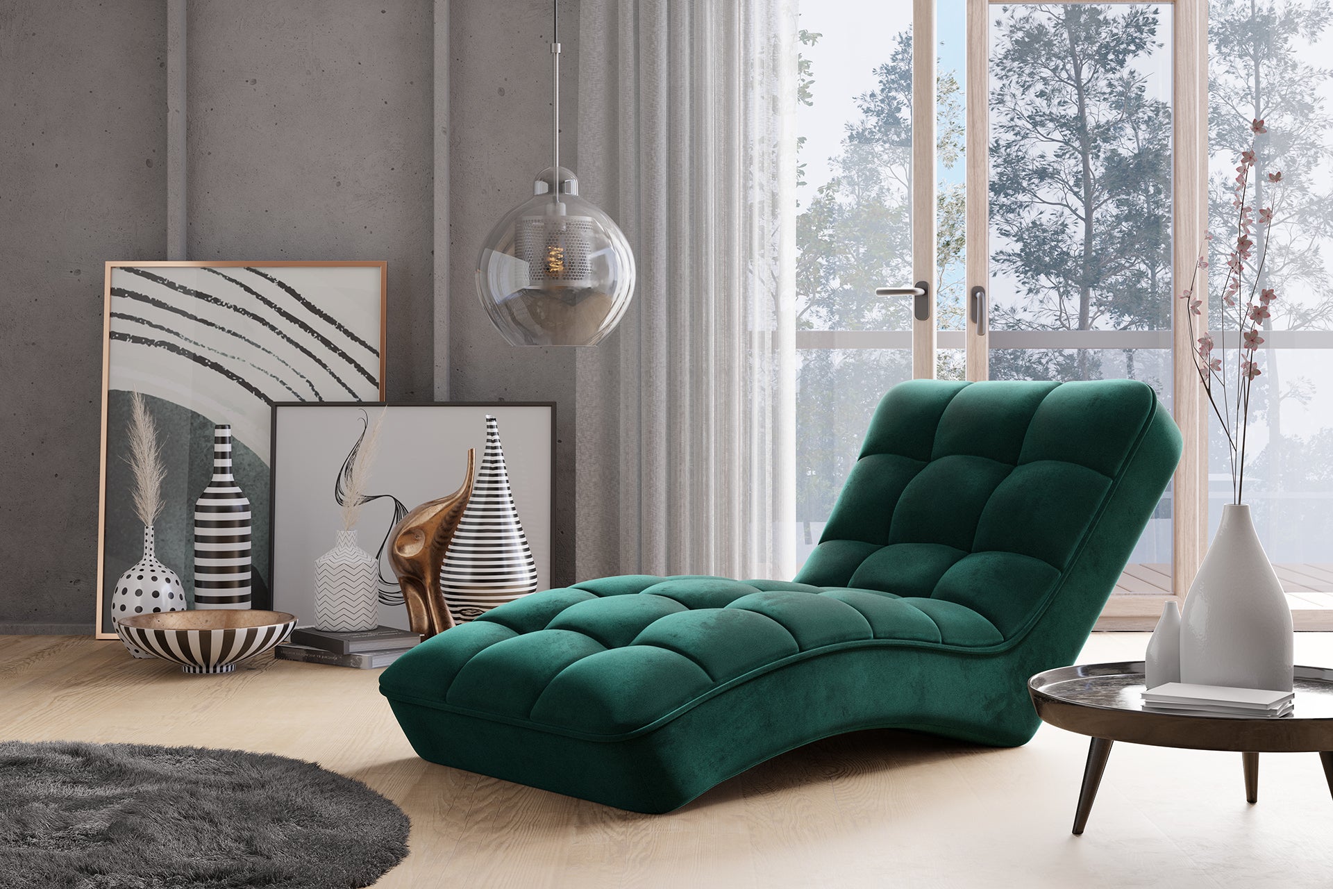 Szezlong Loren Velvetmat 38 ciemnozielony w nowoczesnym salonie z dużymi oknami, obrazami opartymi o ścianę i designerskimi dekoracjami.