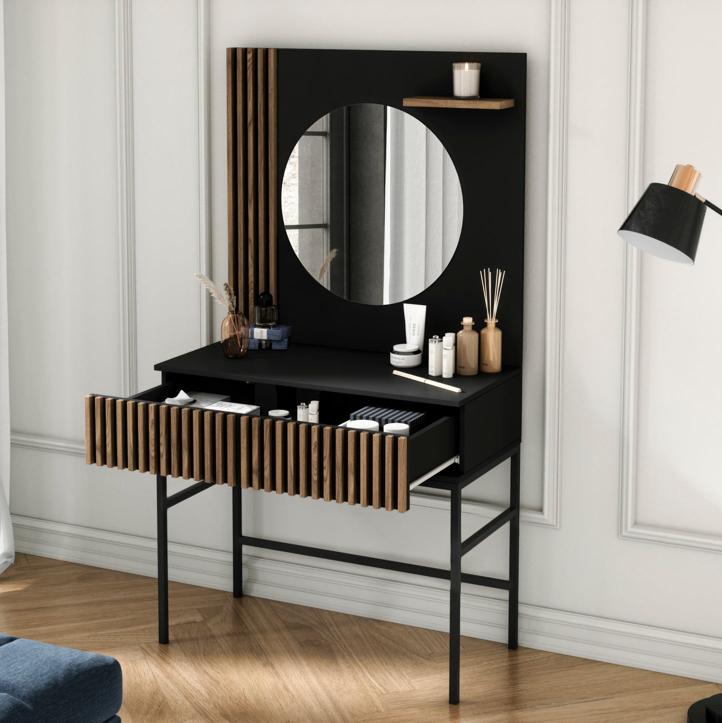 Półprofil toaletki Meorati; blat, lamele i dwie szuflad