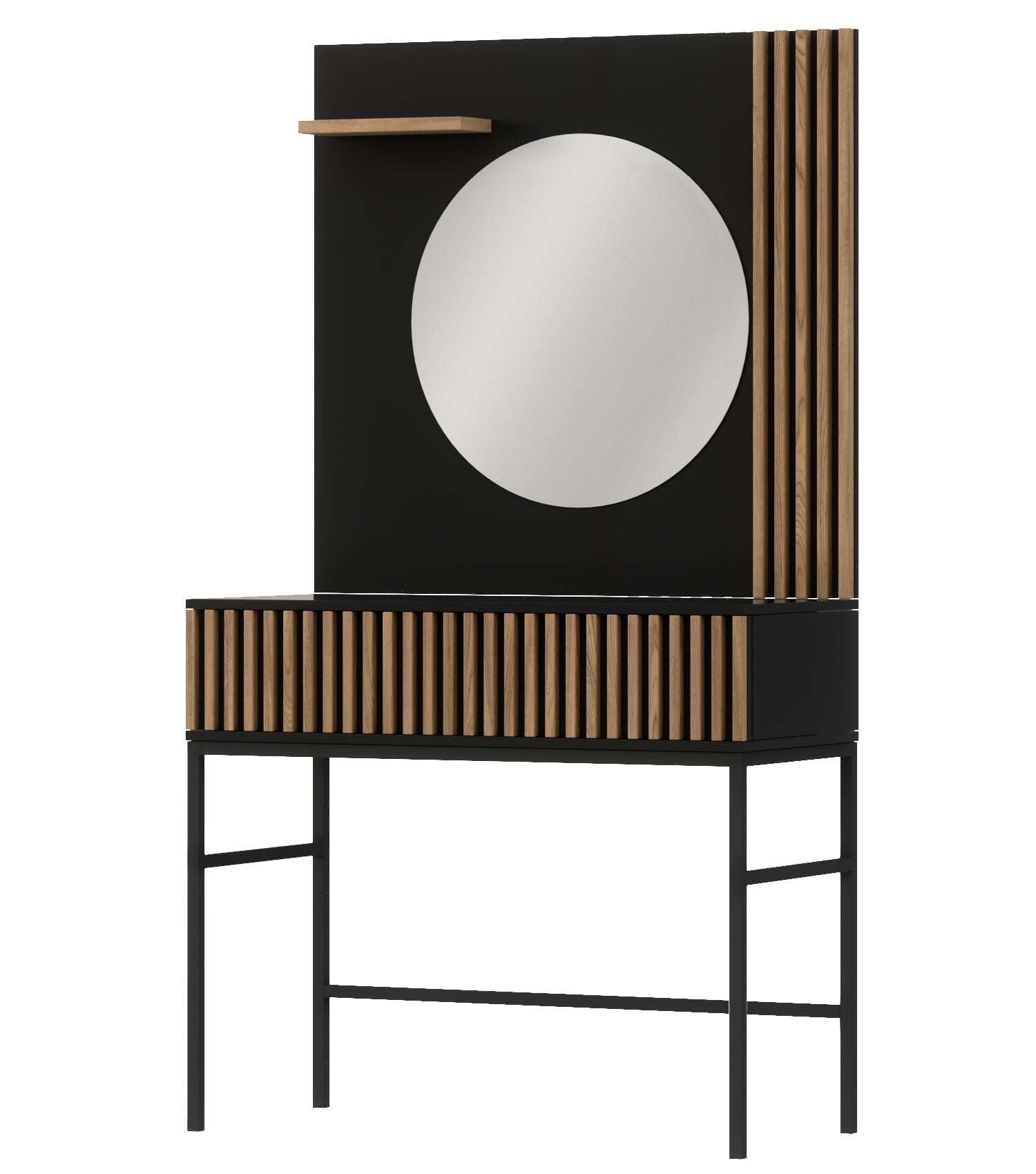 Toaletka Meorati, czarna z lamelami; front z lustrem i dwiema szufladami.