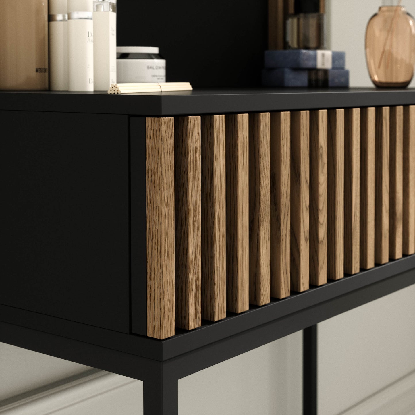 Okrągłe lustro i blat toaletki Meorati – detal.