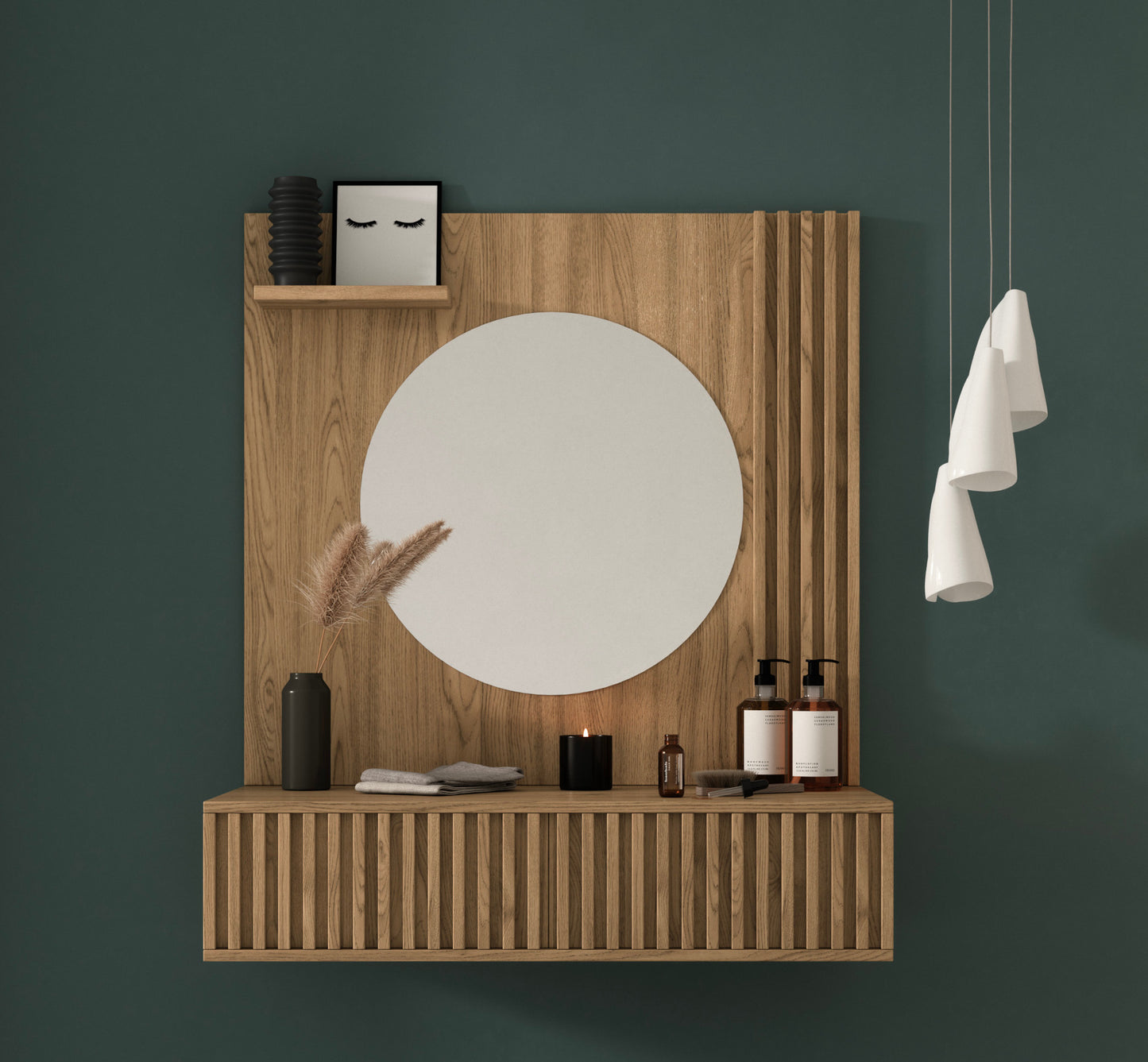 Toaletka ścienna w aranżacji – front na ciemnozielonej ścianie.