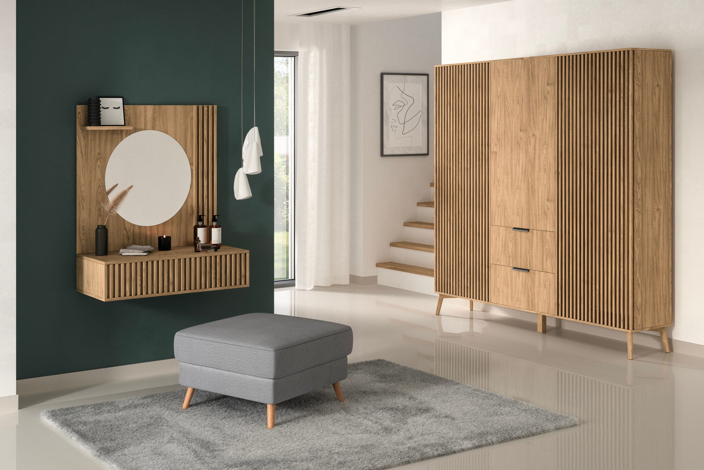 Toaletka ścienna w sypialni – ujęcie z łóżkiem w kadrze.