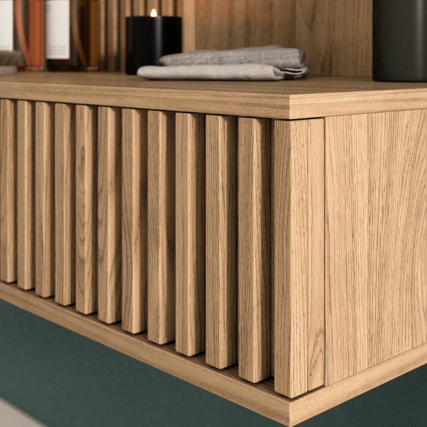 Detal lameli i krawędzi ABS toaletki w dębie artisan.