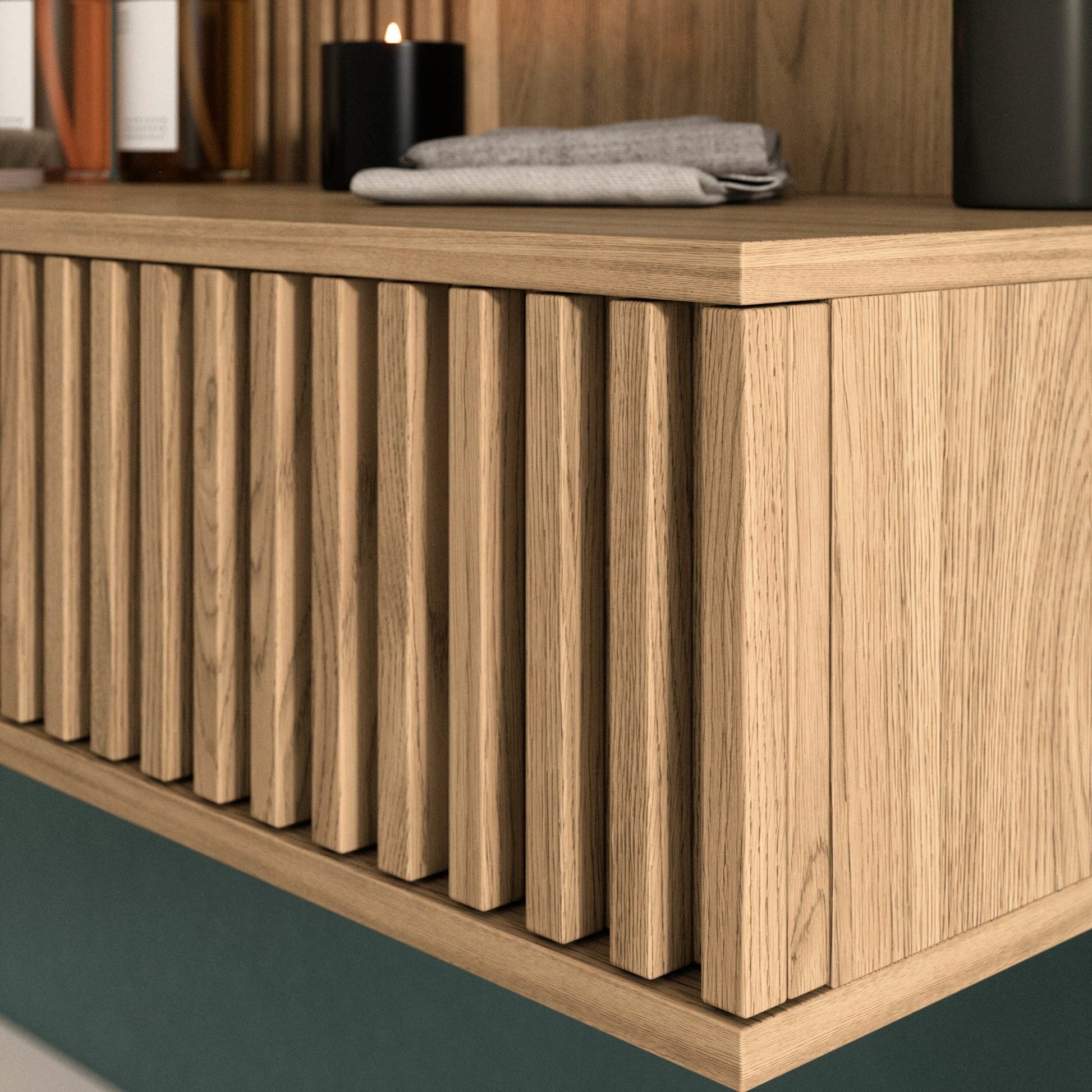 Detal lameli i krawędzi ABS toaletki w dębie artisan.