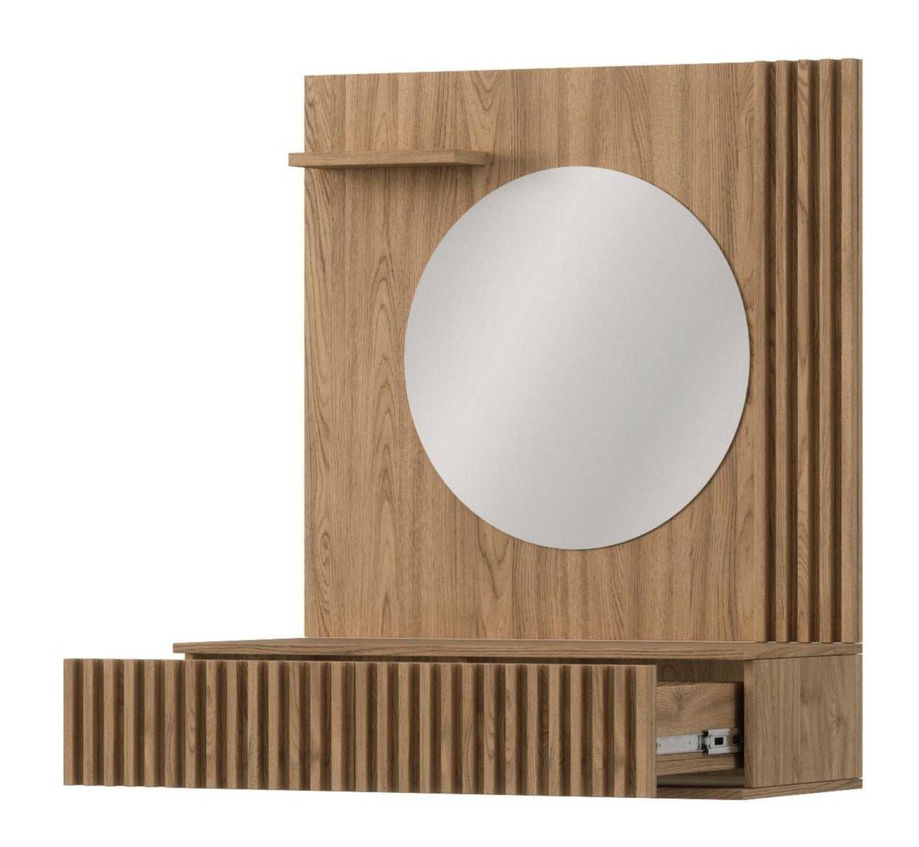 Toaletka z lamelami i lustrem – ujęcie półprofilowe.