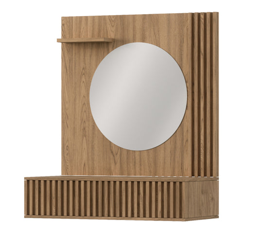Toaletka ścienna z okrągłym lustrem i lamelami w dębie artisan – front.